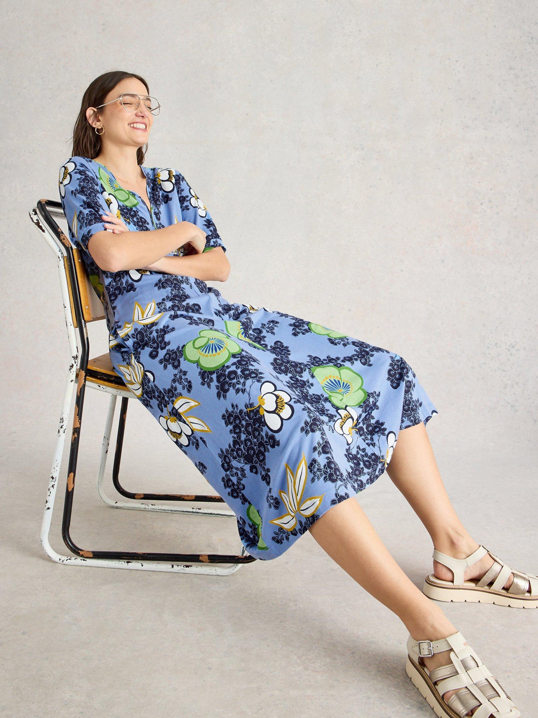 Product image 4 of 6, which shows White Stuff Megan Floral Organic Cotton Blend Dress, Light Blue/Multi, 6