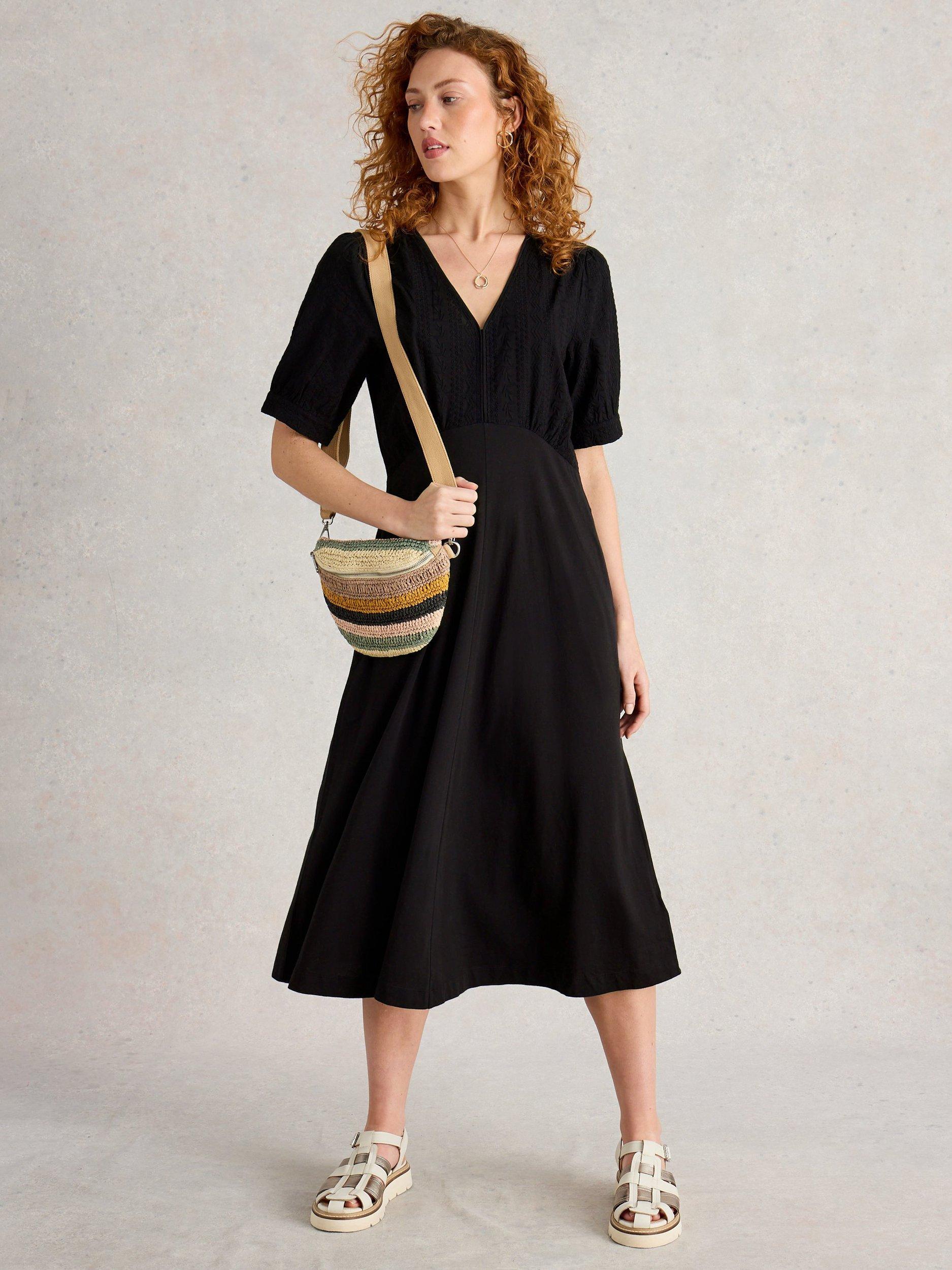 Product image 1 of 6, which shows White Stuff Megan Short Sleeve Organic Cotton Blend Midi Dress, Pure Black, 6