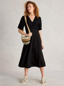 White Stuff Megan Short Sleeve Organic Cotton Blend Midi Dress, Pure Black, Pure Black