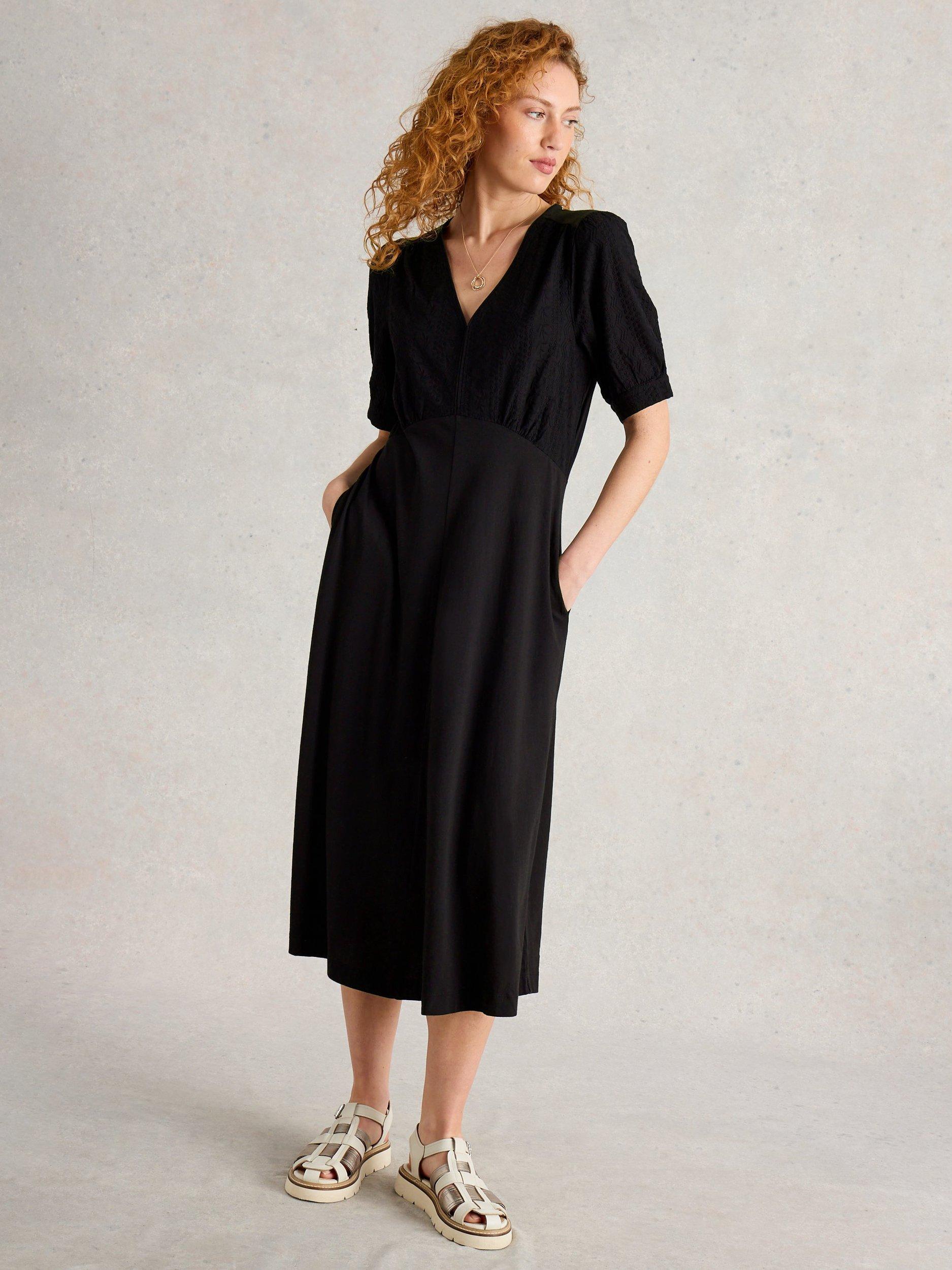 Product image 3 of 6, which shows White Stuff Megan Short Sleeve Organic Cotton Blend Midi Dress, Pure Black, 6