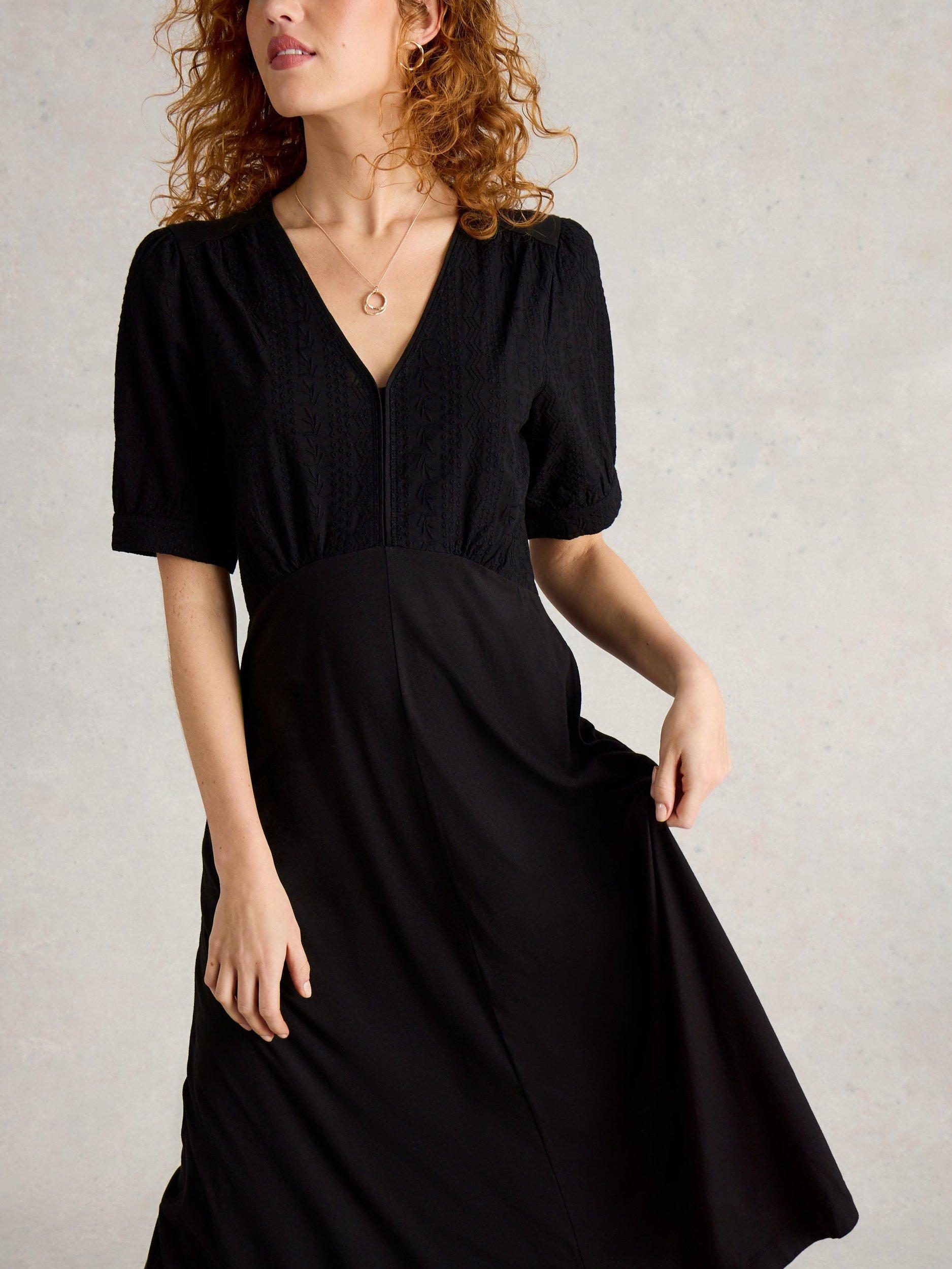Product image 4 of 6, which shows White Stuff Megan Short Sleeve Organic Cotton Blend Midi Dress, Pure Black, 6