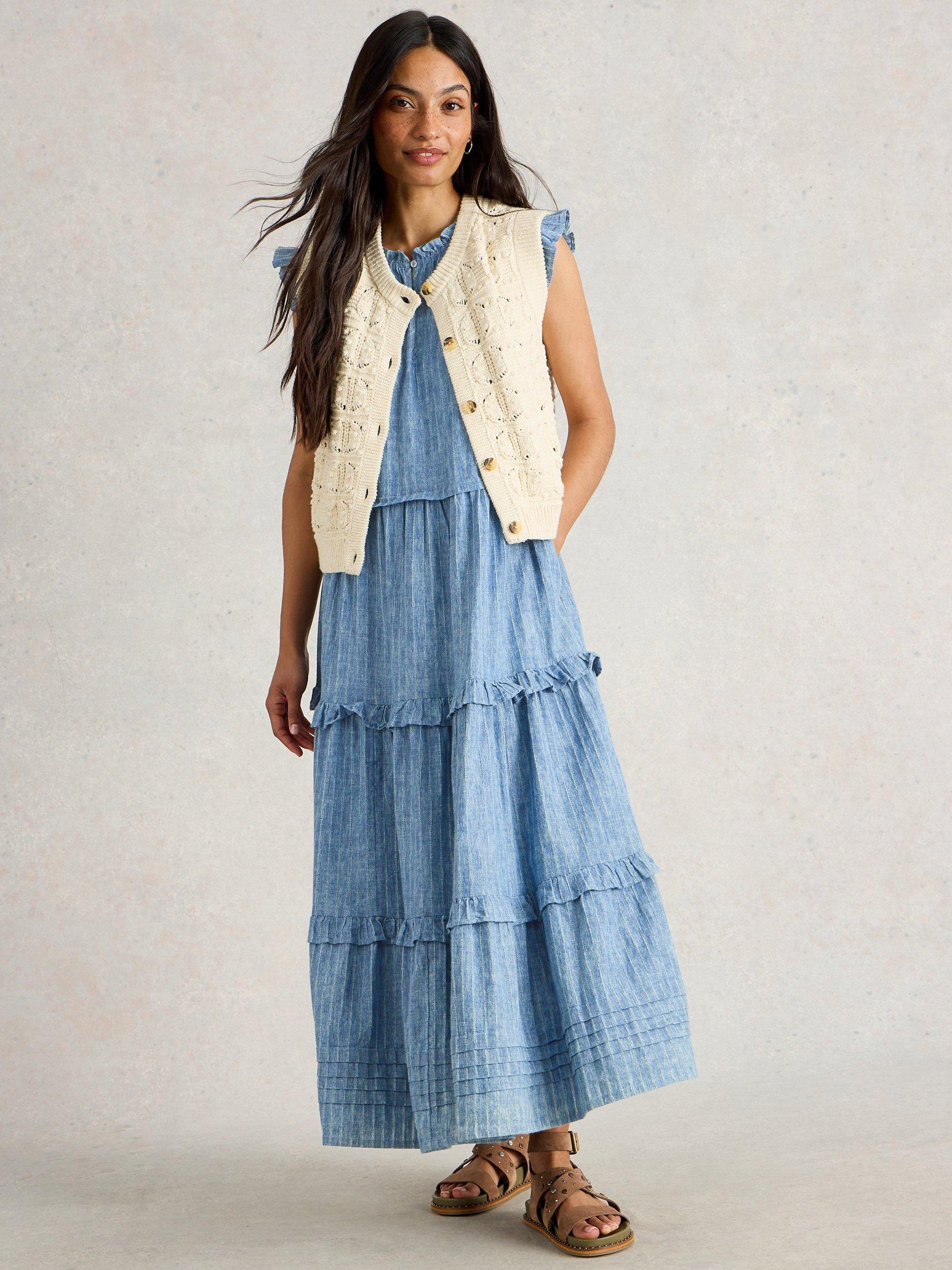 Product image 1 of 6, which shows White Stuff Rosie Pure Organic Cotton Tiered Maxi Dress, Blue, 12