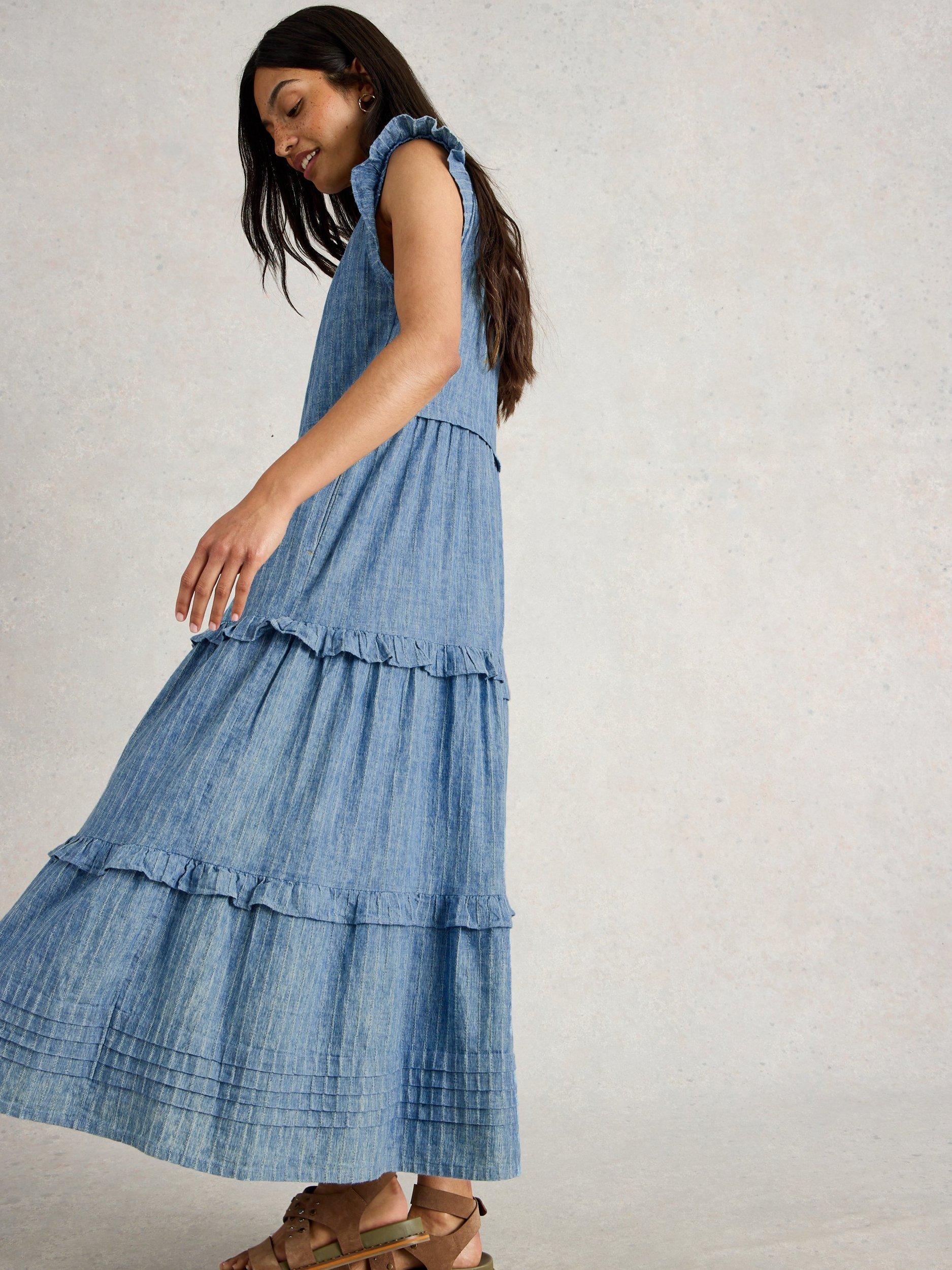 Product image 3 of 6, which shows White Stuff Rosie Pure Organic Cotton Tiered Maxi Dress, Blue, 12