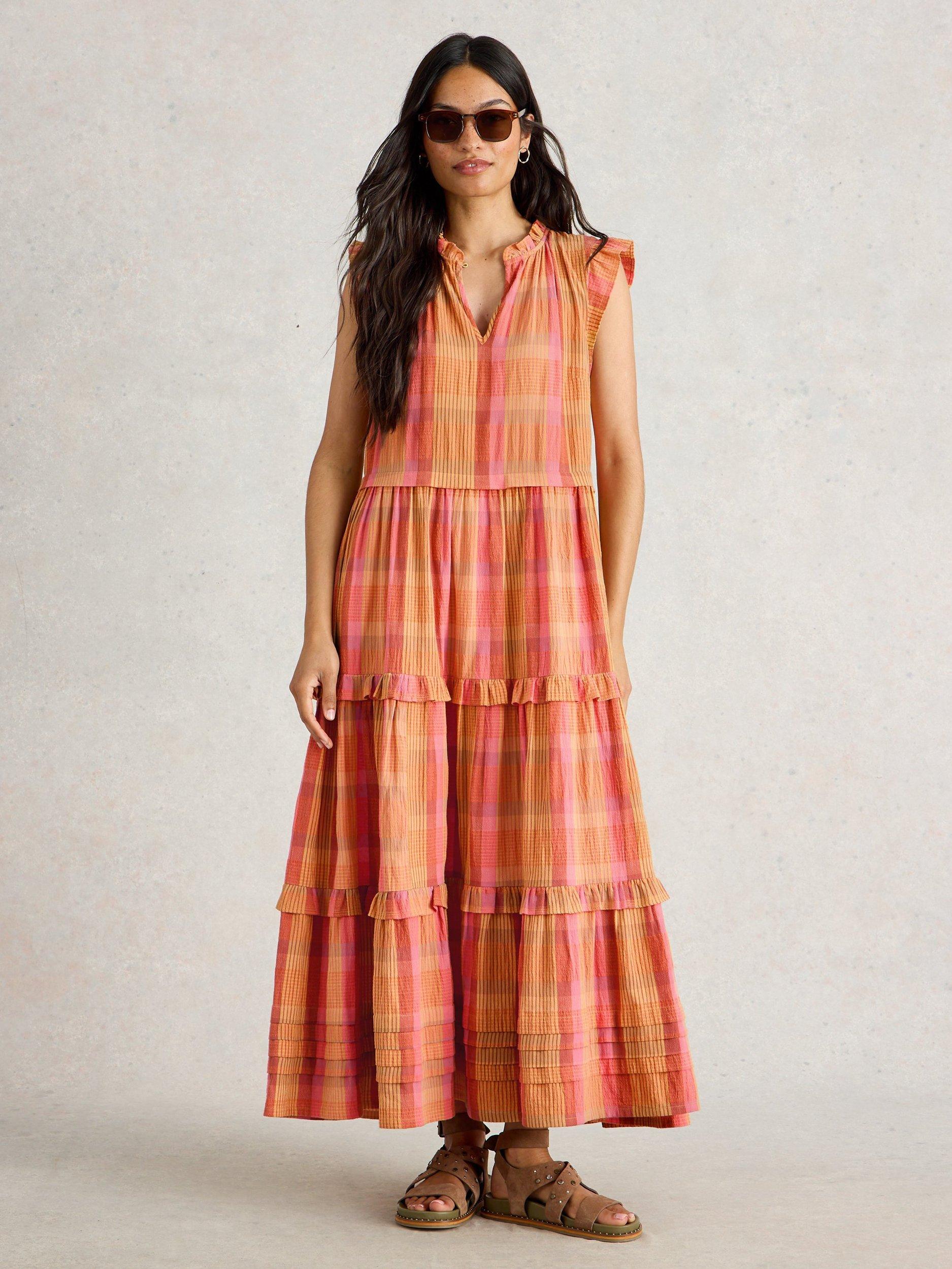 Product image 1 of 6, which shows White Stuff Rosie Check Pure Organic Cotton Dress, Pink/Multi, 6