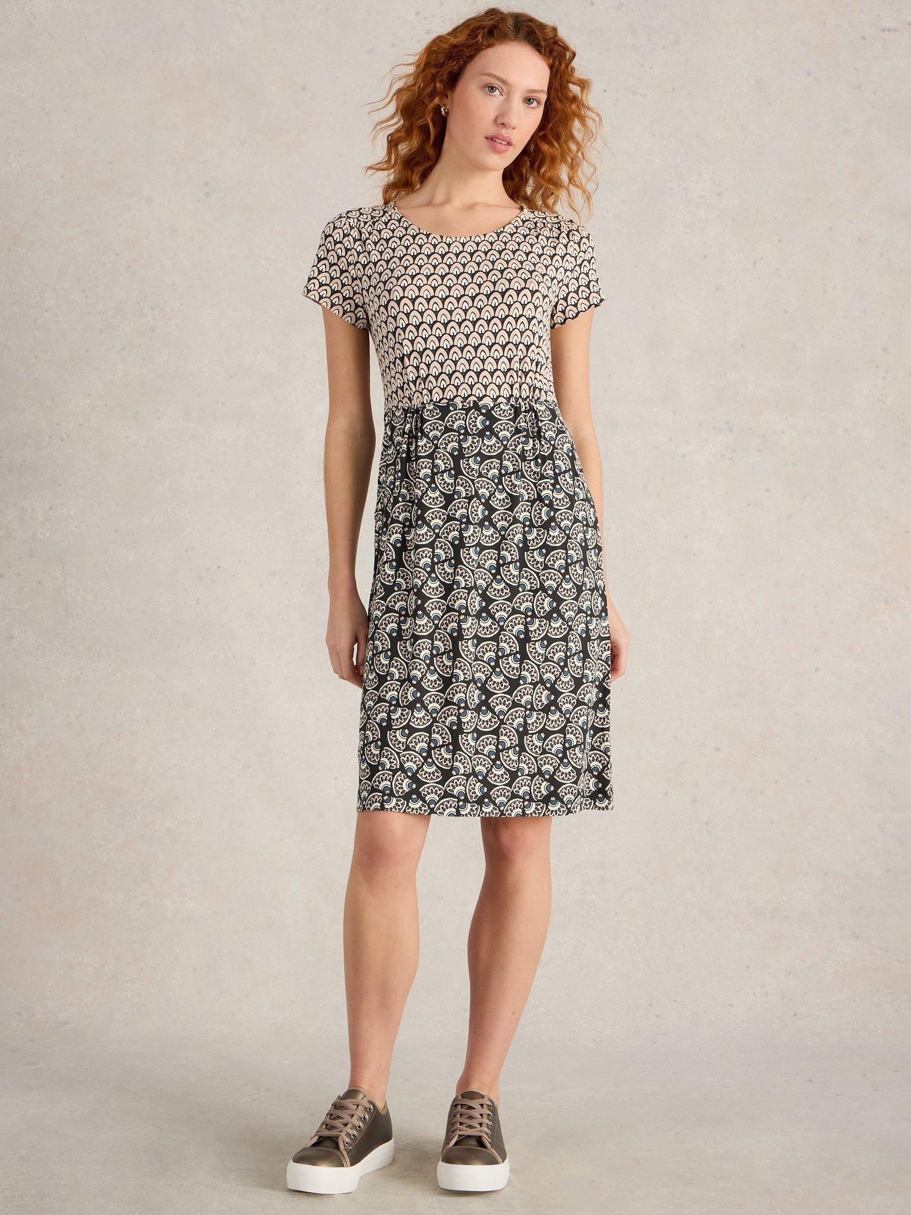 Product image 1 of 6, which shows White Stuff Tallie Split Print Jersey Dress, Black/Multi, 10