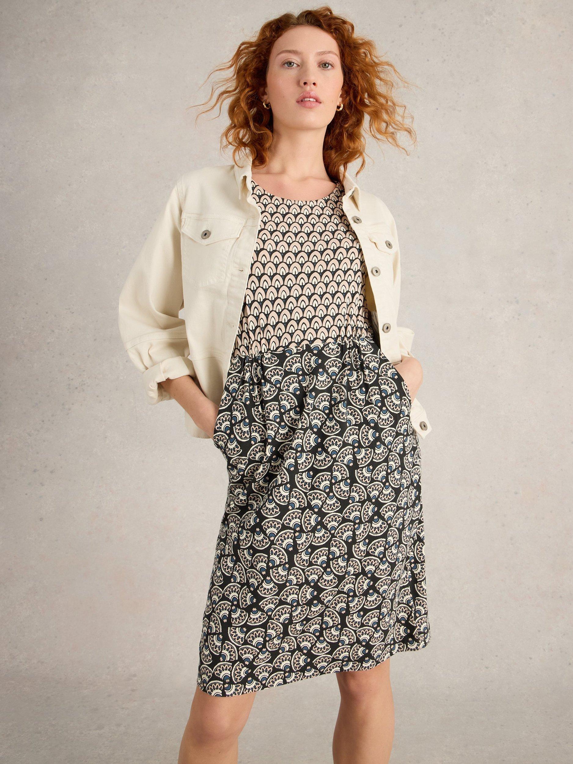 Product image 4 of 6, which shows White Stuff Tallie Split Print Jersey Dress, Black/Multi, 10