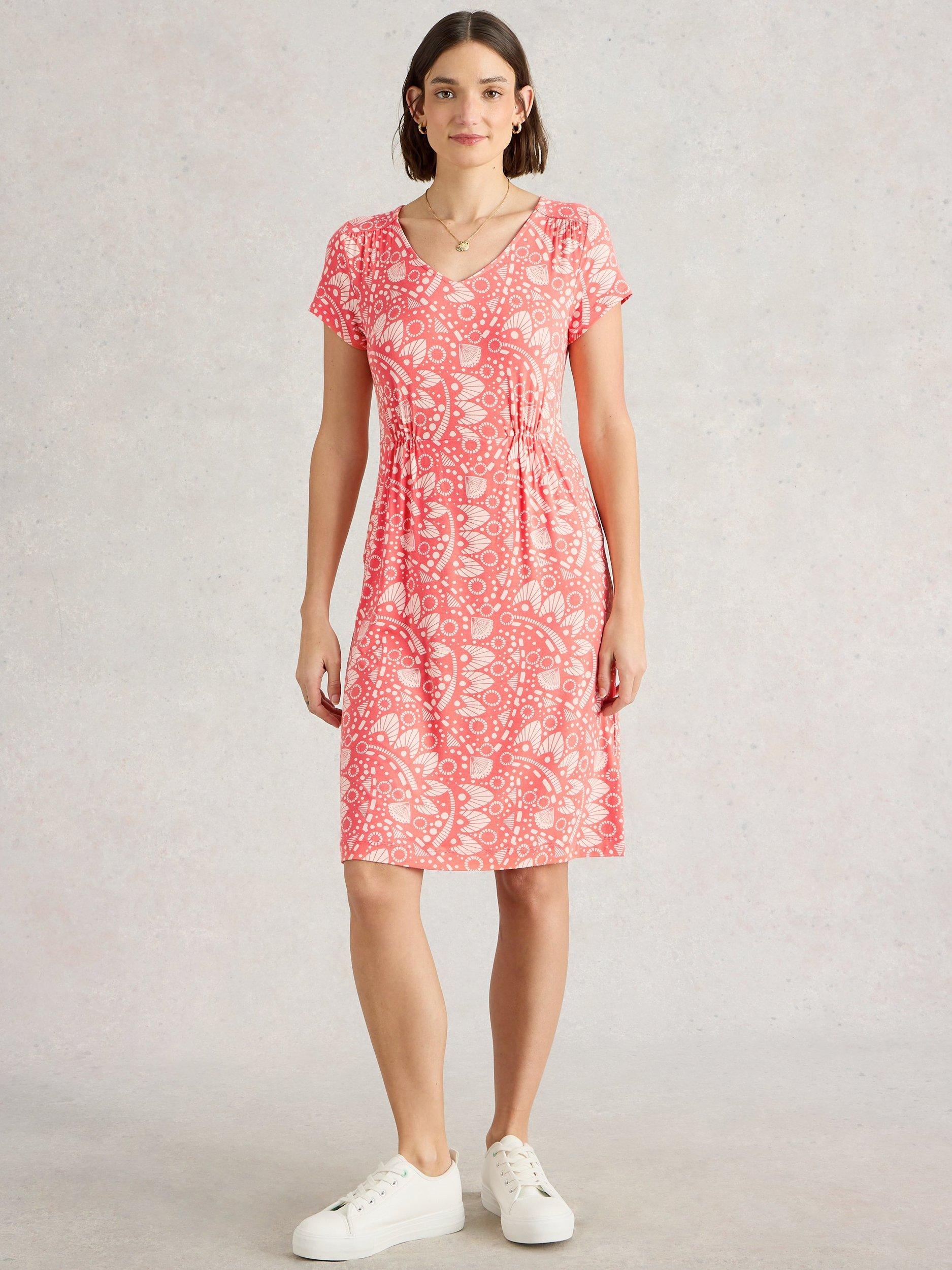 Product image 1 of 6, which shows White Stuff Tallie Short Sleeve Abstract Print Dress, Pink/Multi, 6