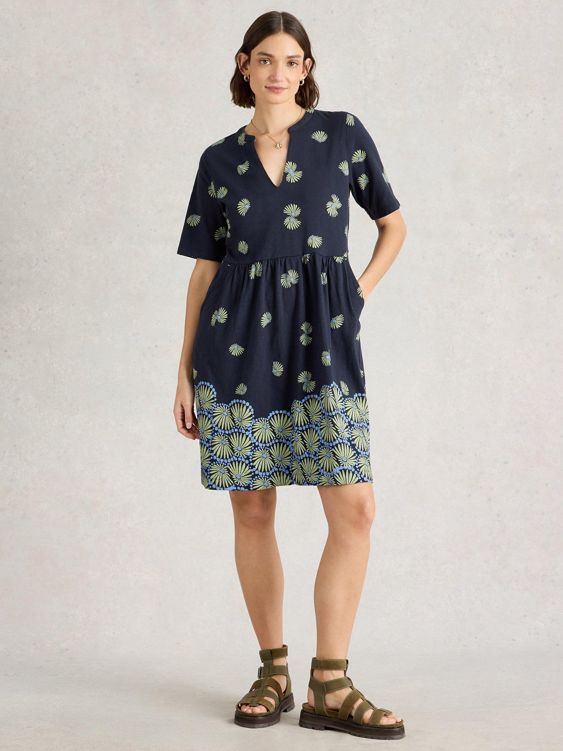 Product image 1 of 6, which shows White Stuff Thea Cotton Abstract Print V-Neck Dress , Navy/Multi, 6