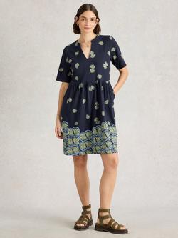 White Stuff Thea Cotton Abstract Print V-Neck Dress, Navy/Multi