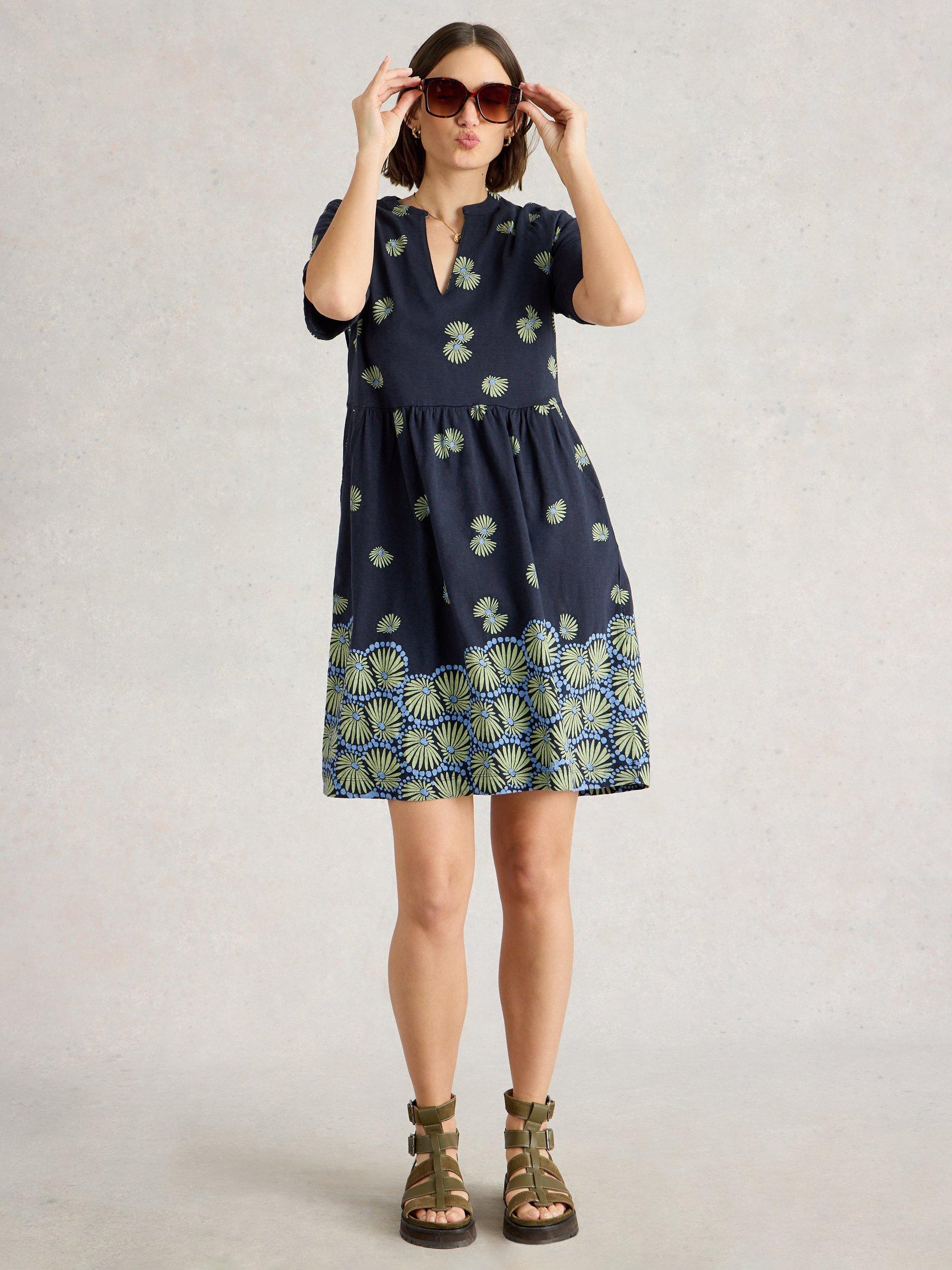 Product image 4 of 6, which shows White Stuff Thea Cotton Abstract Print V-Neck Dress , Navy/Multi, 6