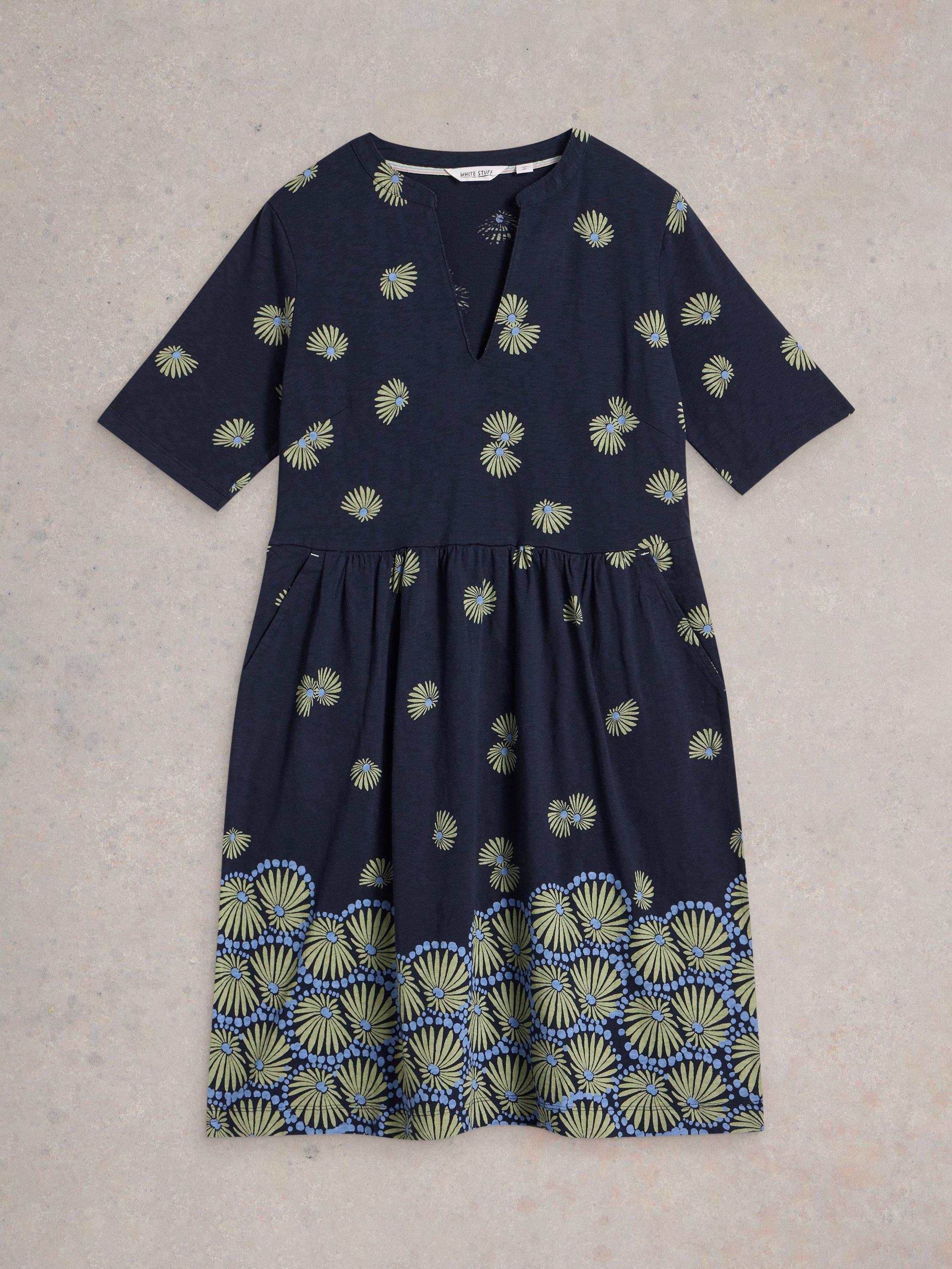 Product image 5 of 6, which shows White Stuff Thea Cotton Abstract Print V-Neck Dress , Navy/Multi, 6