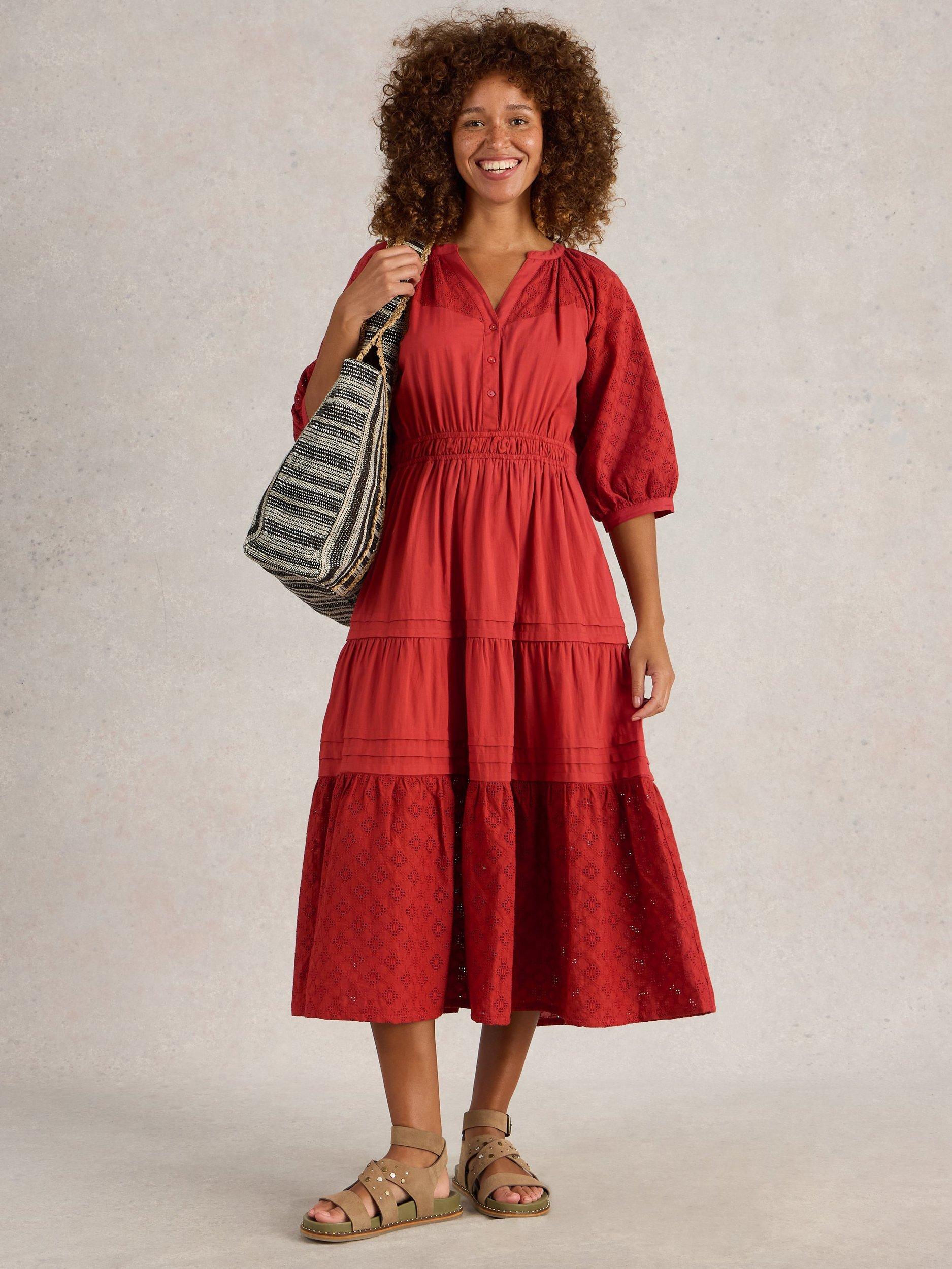 Product image 1 of 6, which shows White Stuff Willow Organic Cotton Broderie Midi Dress, Dark Red, 8