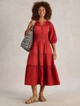 White Stuff Willow Organic Cotton Broderie Midi Dress, Dark Red