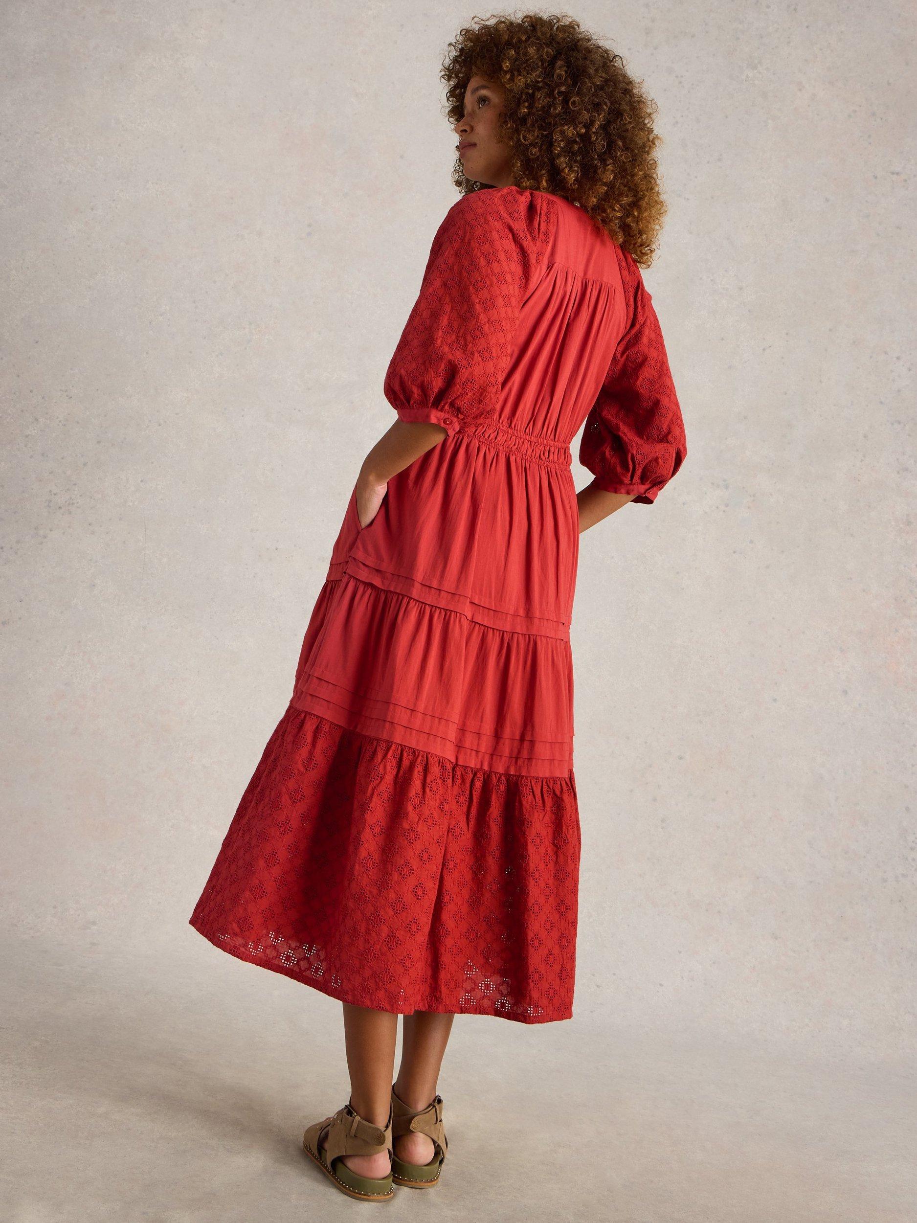 Product image 2 of 6, which shows White Stuff Willow Organic Cotton Broderie Midi Dress, Dark Red, 8