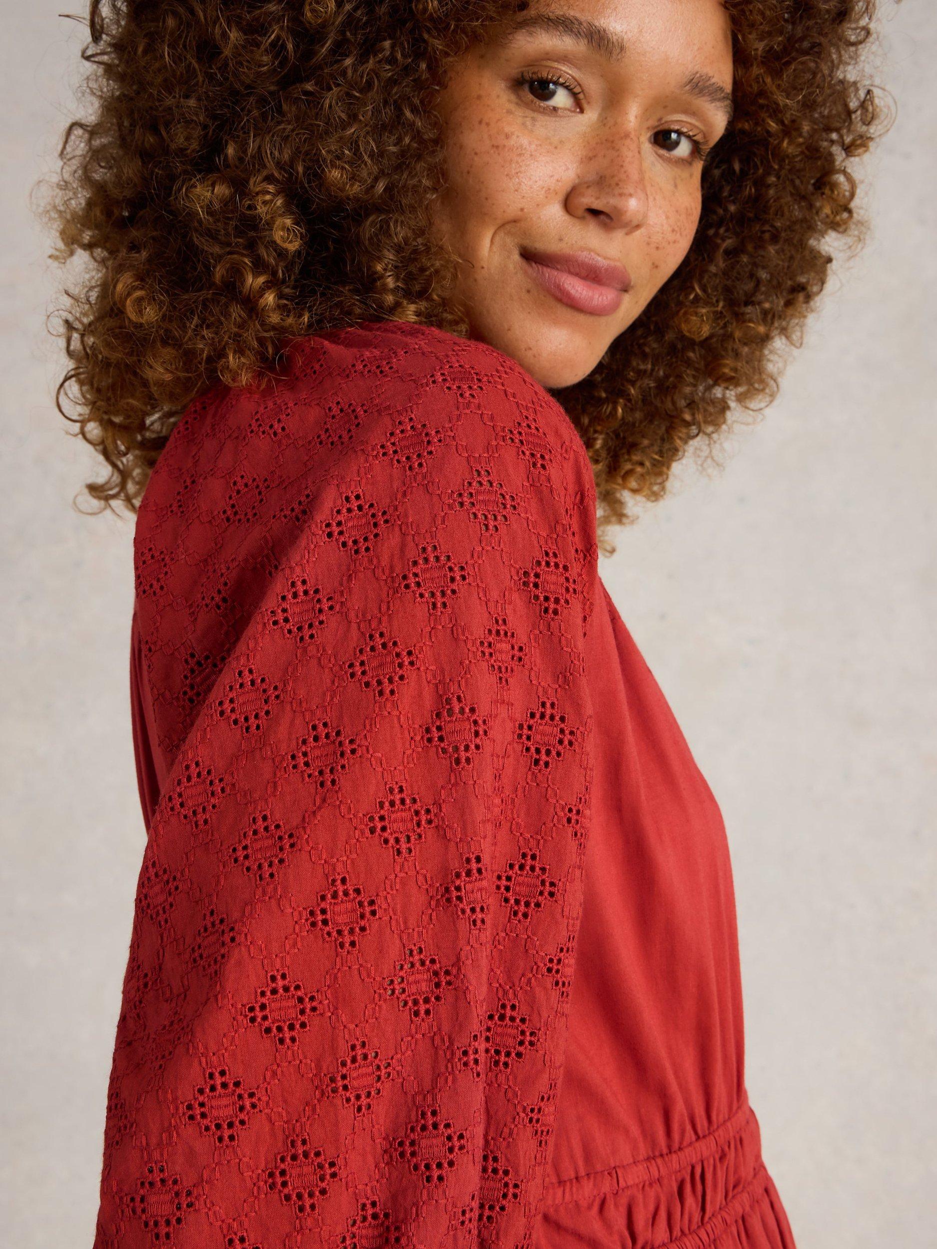 Product image 3 of 6, which shows White Stuff Willow Organic Cotton Broderie Midi Dress, Dark Red, 8