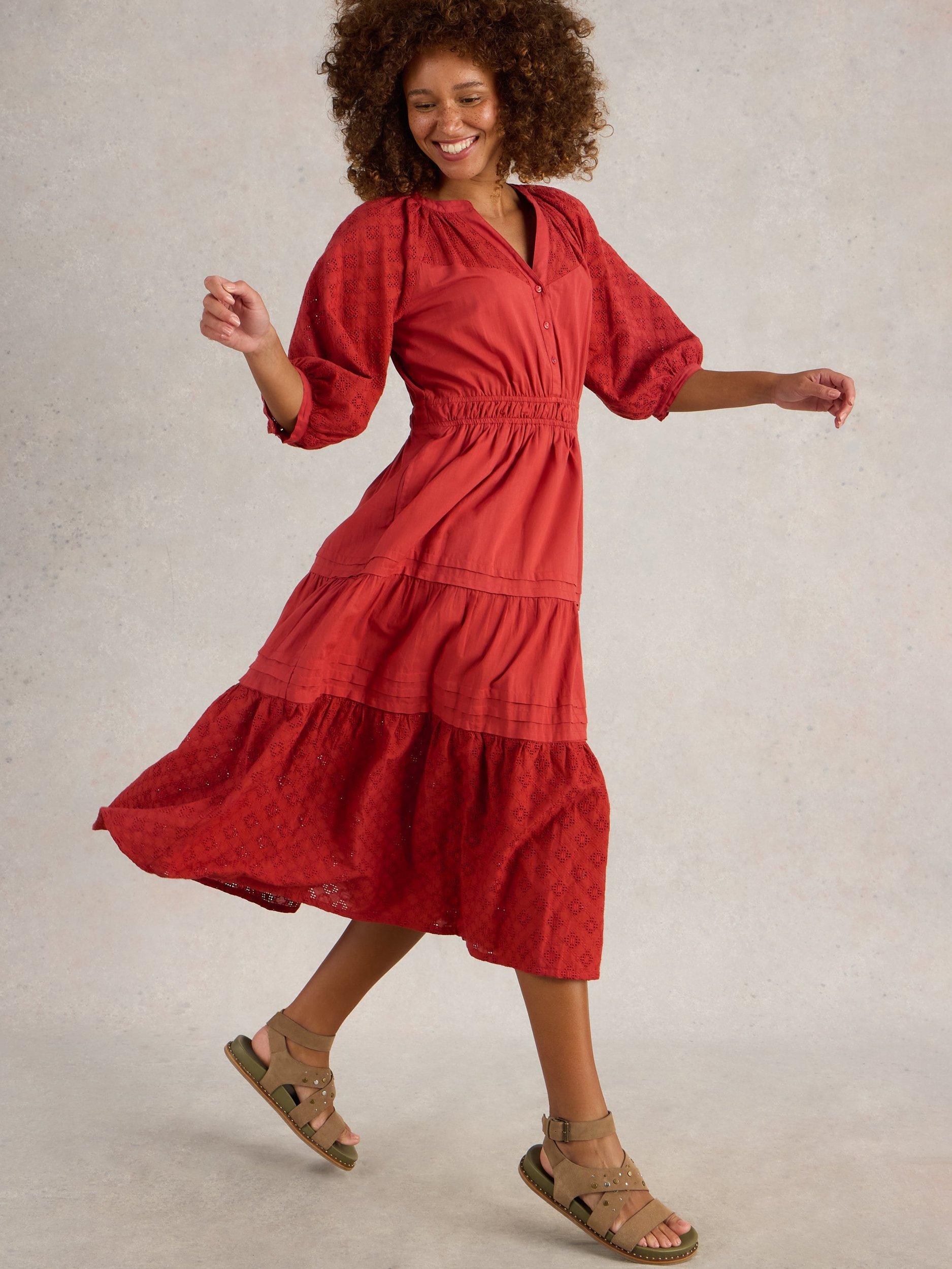 Product image 4 of 6, which shows White Stuff Willow Organic Cotton Broderie Midi Dress, Dark Red, 8