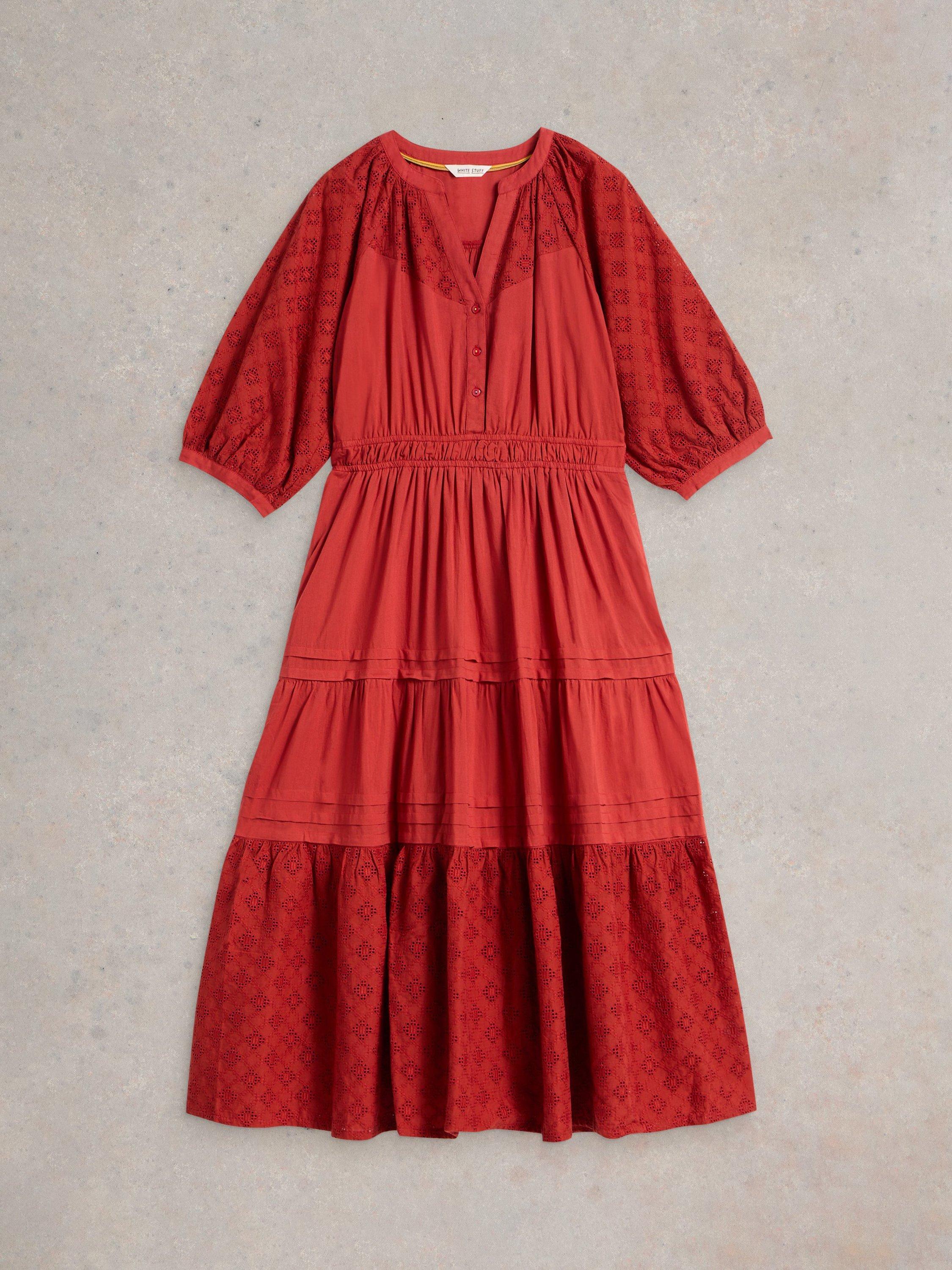 Product image 5 of 6, which shows White Stuff Willow Organic Cotton Broderie Midi Dress, Dark Red, 8
