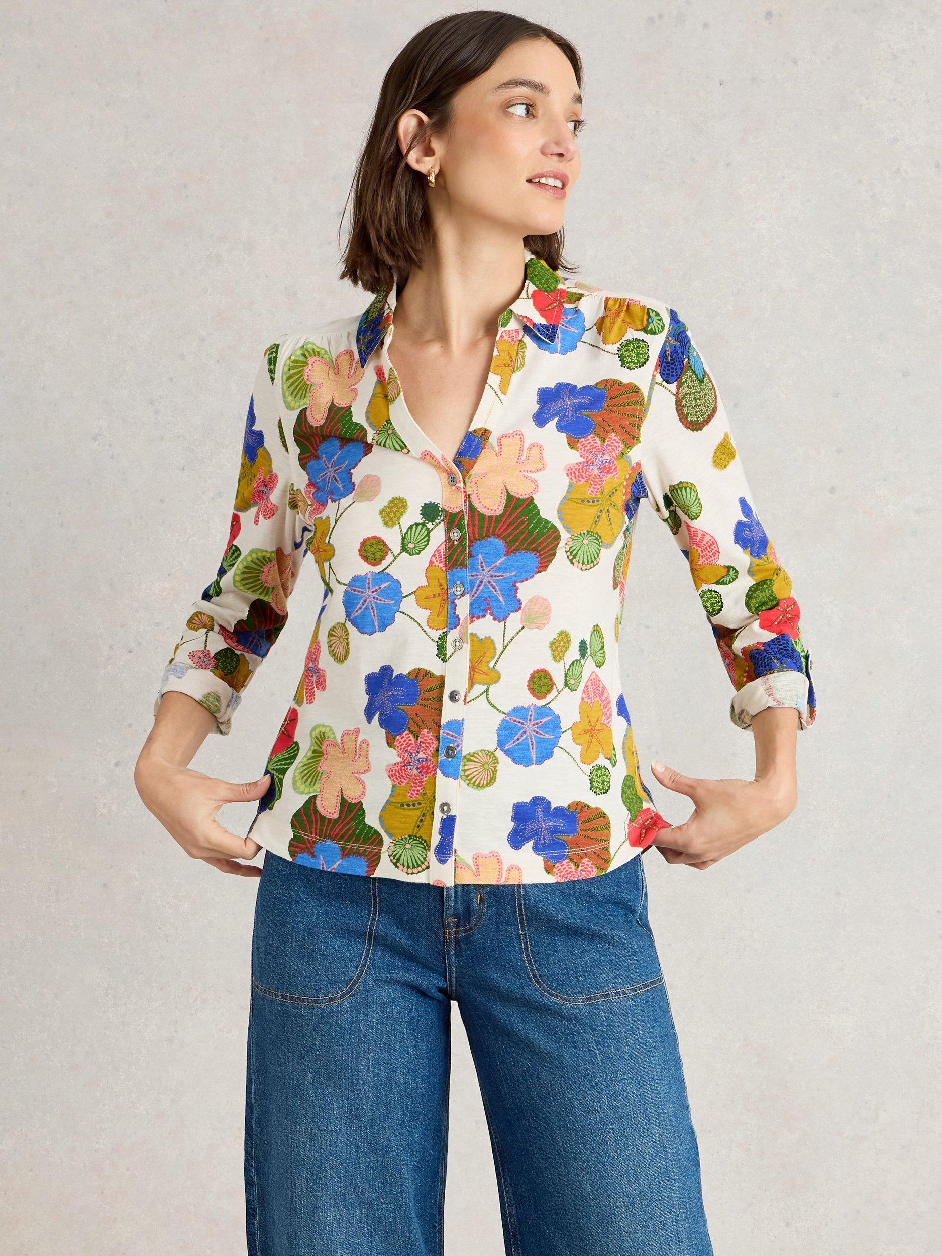 Product image 3 of 6, which shows White Stuff Annie Floral Jersey Shirt, Ivory/Multi, 6