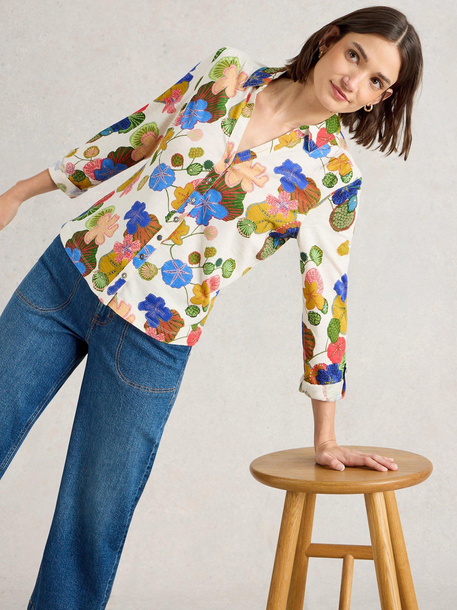 Product image 4 of 6, which shows White Stuff Annie Floral Jersey Shirt, Ivory/Multi, 6