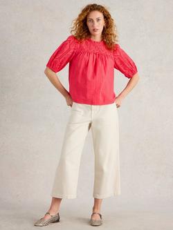 White Stuff Lexi Cotton Broderie Top, Bright Pink