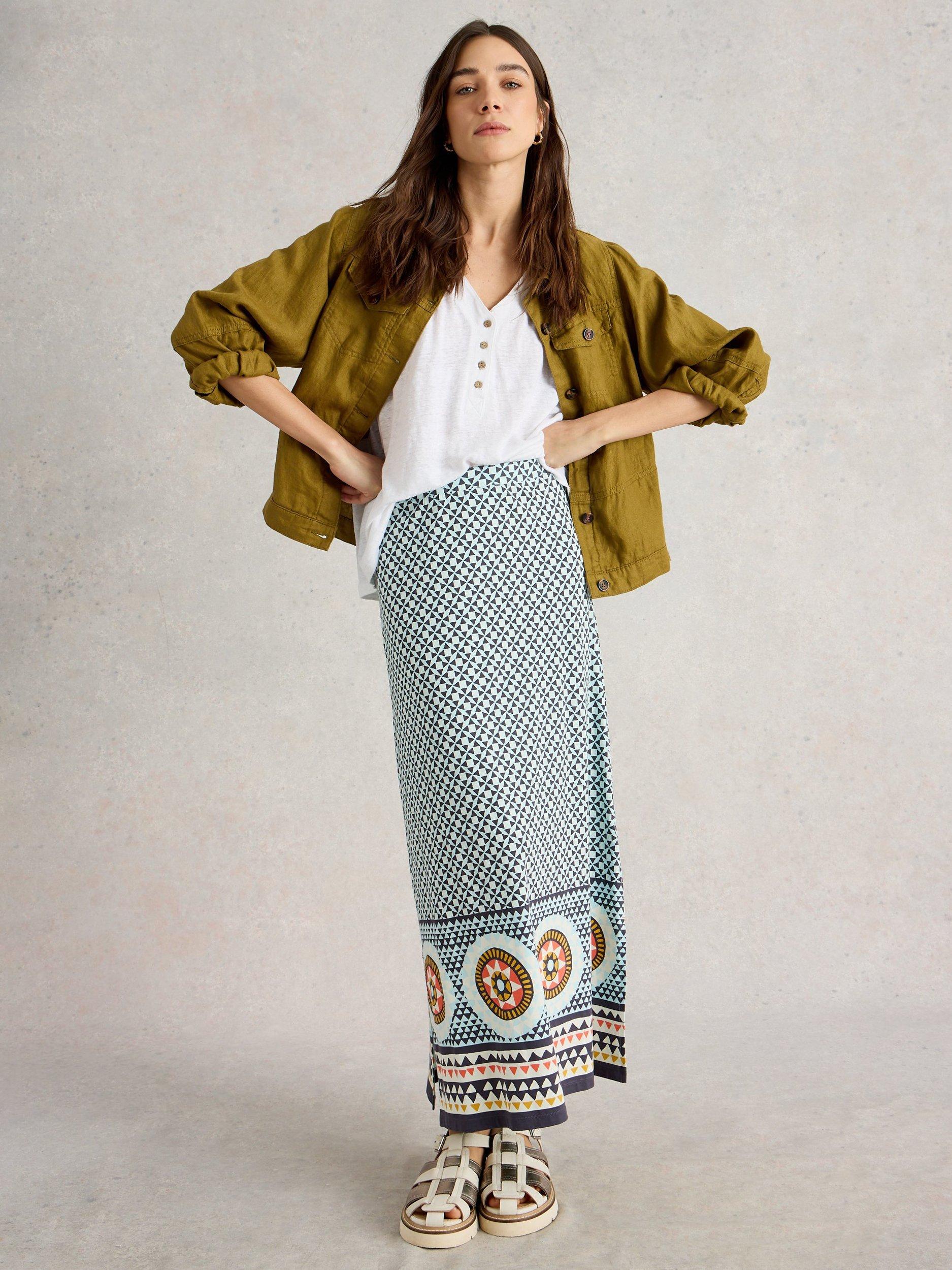 Product image 1 of 6, which shows White Stuff Fay Cotton Jersey Maxi Skirt, Blue/Multi, 24