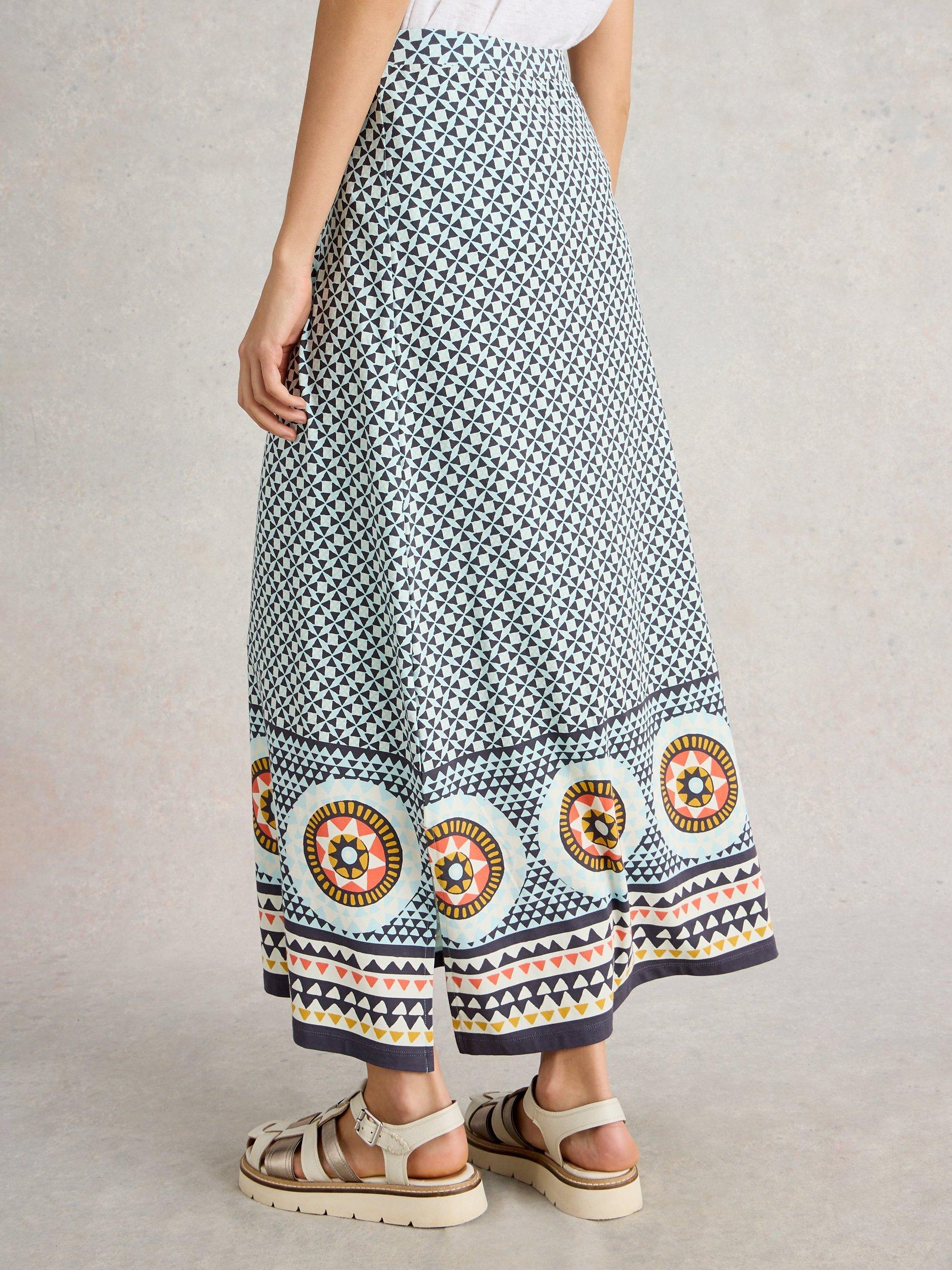 Product image 2 of 6, which shows White Stuff Fay Cotton Jersey Maxi Skirt, Blue/Multi, 24