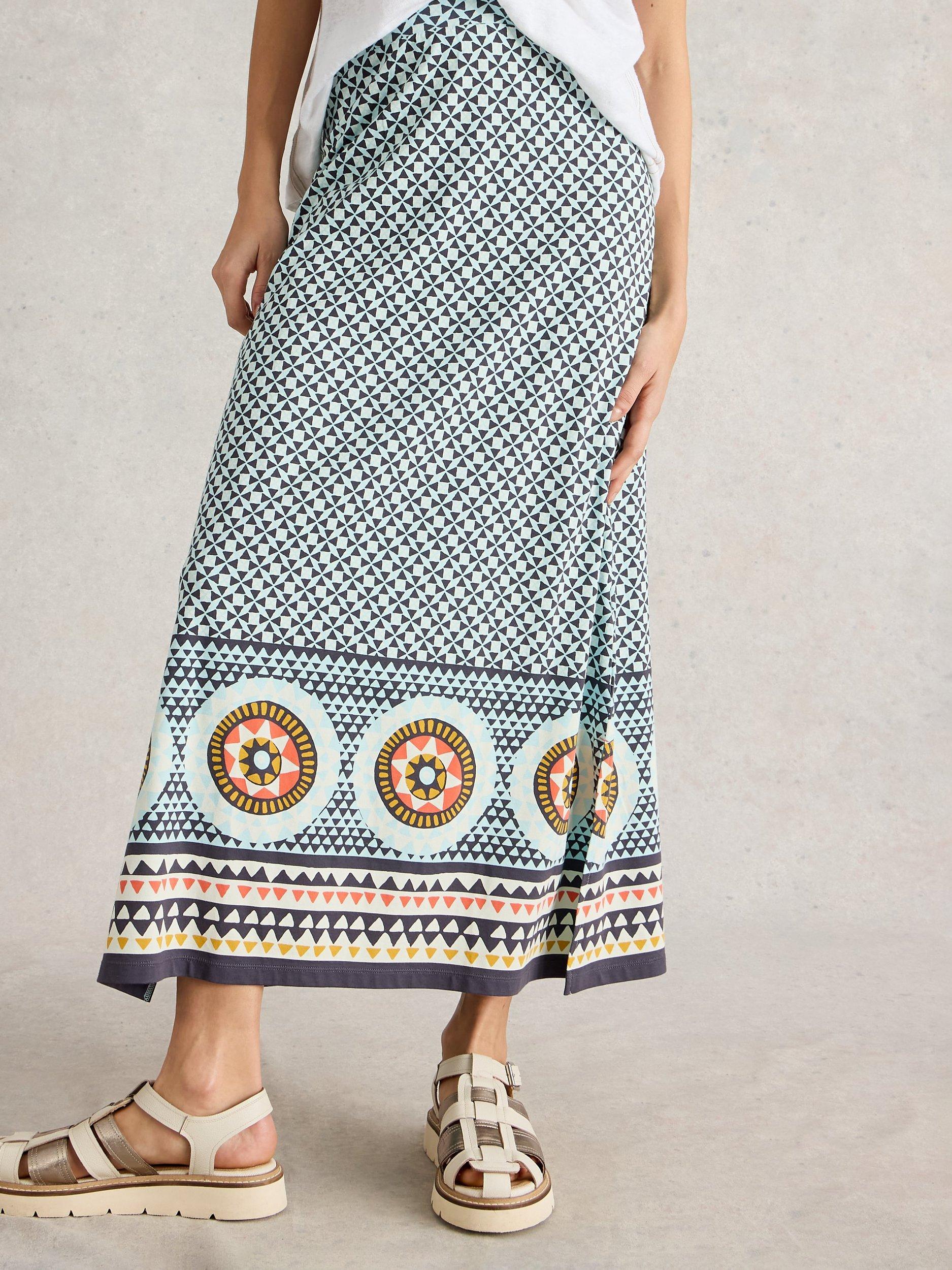 Product image 4 of 6, which shows White Stuff Fay Cotton Jersey Maxi Skirt, Blue/Multi, 24