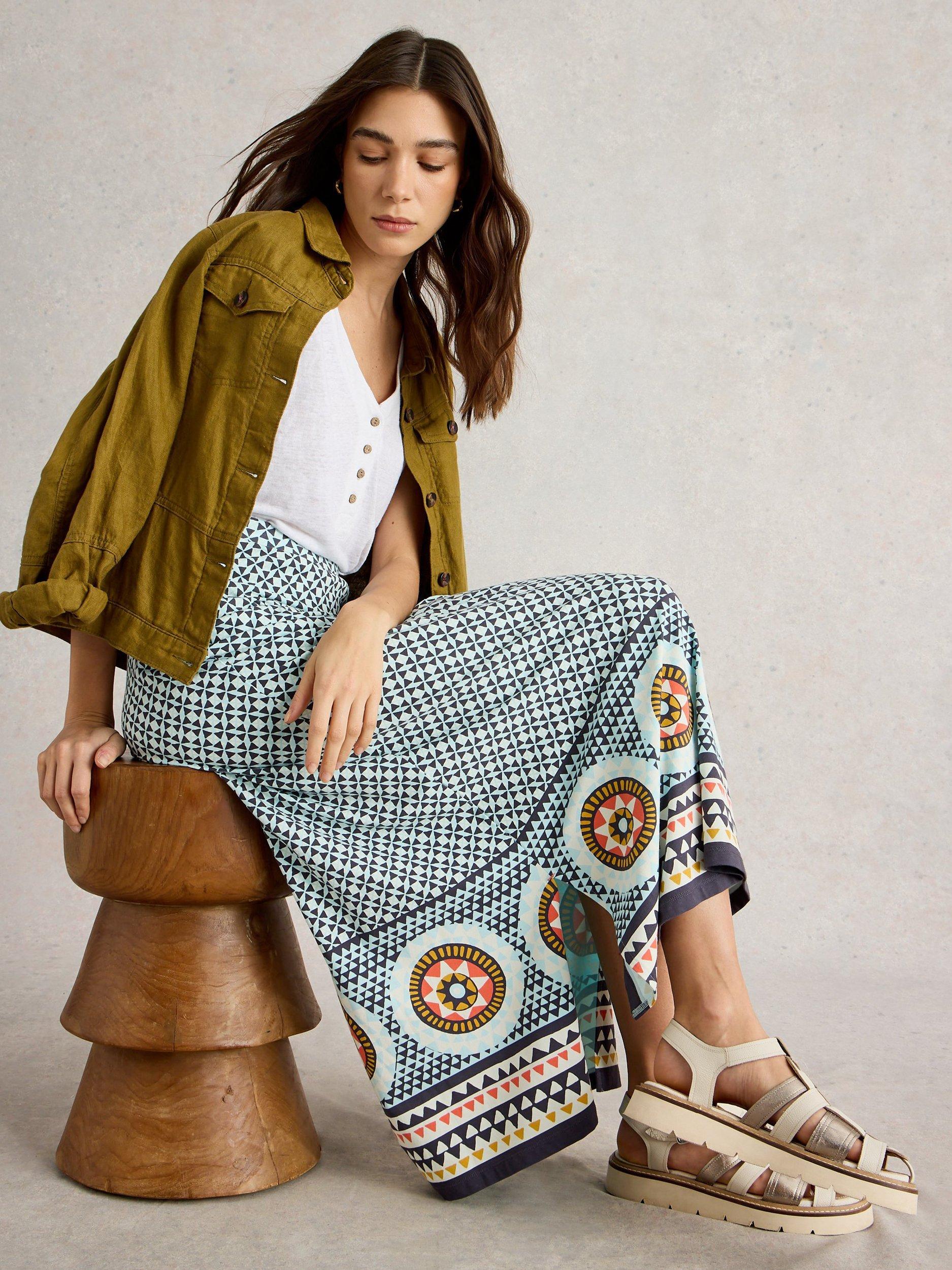 Product image 3 of 6, which shows White Stuff Fay Cotton Jersey Maxi Skirt, Blue/Multi, 24