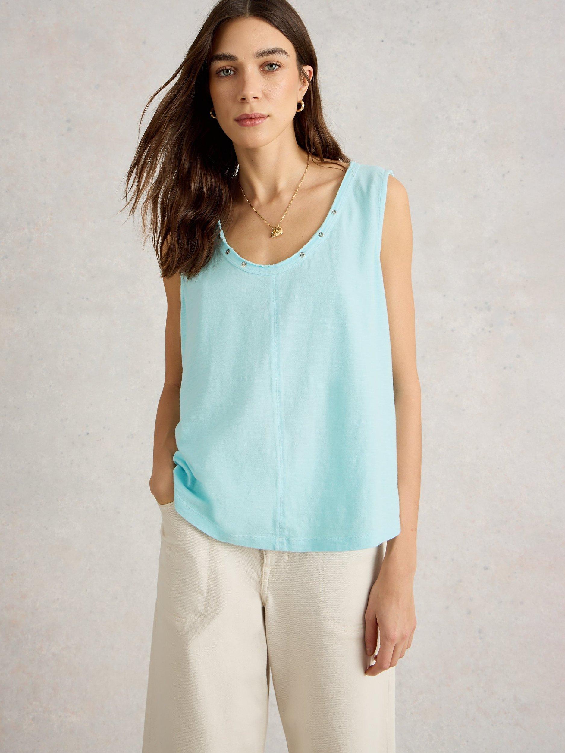 Product image 1 of 6, which shows White Stuff Ava Popper Neck Pure Organic Cotton Vest Top, Light Blue, 10