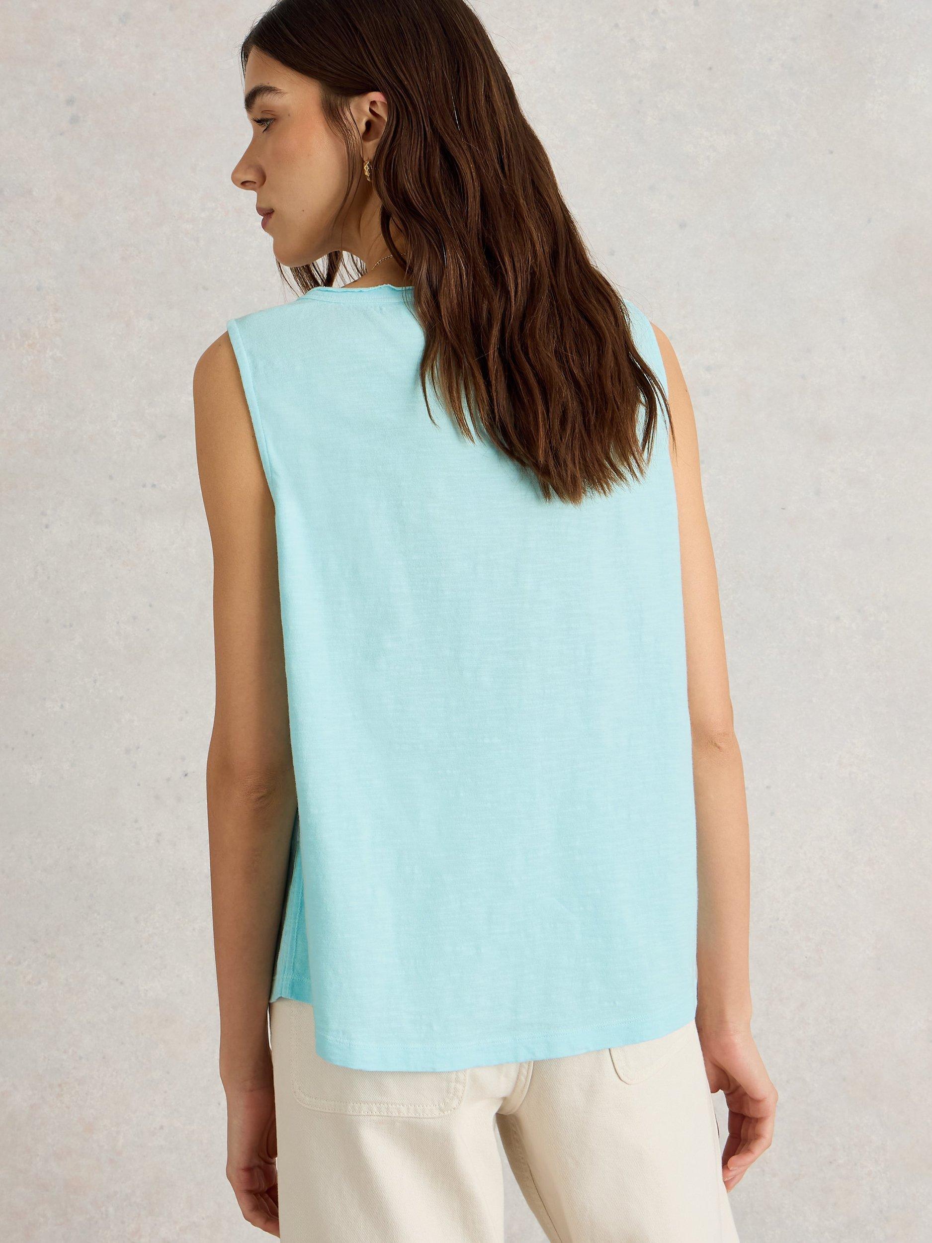Product image 2 of 6, which shows White Stuff Ava Popper Neck Pure Organic Cotton Vest Top, Light Blue, 10
