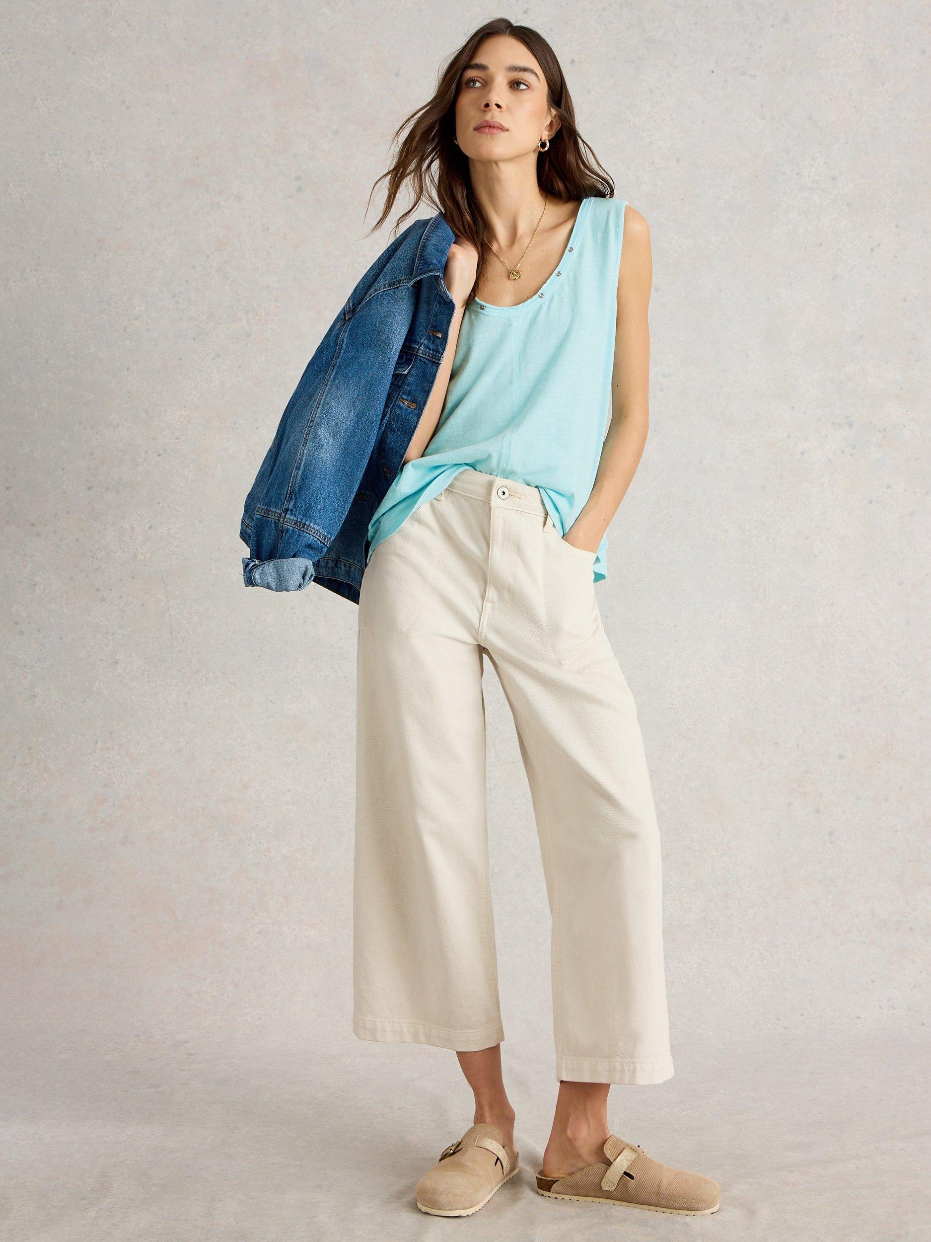 Product image 3 of 6, which shows White Stuff Ava Popper Neck Pure Organic Cotton Vest Top, Light Blue, 10