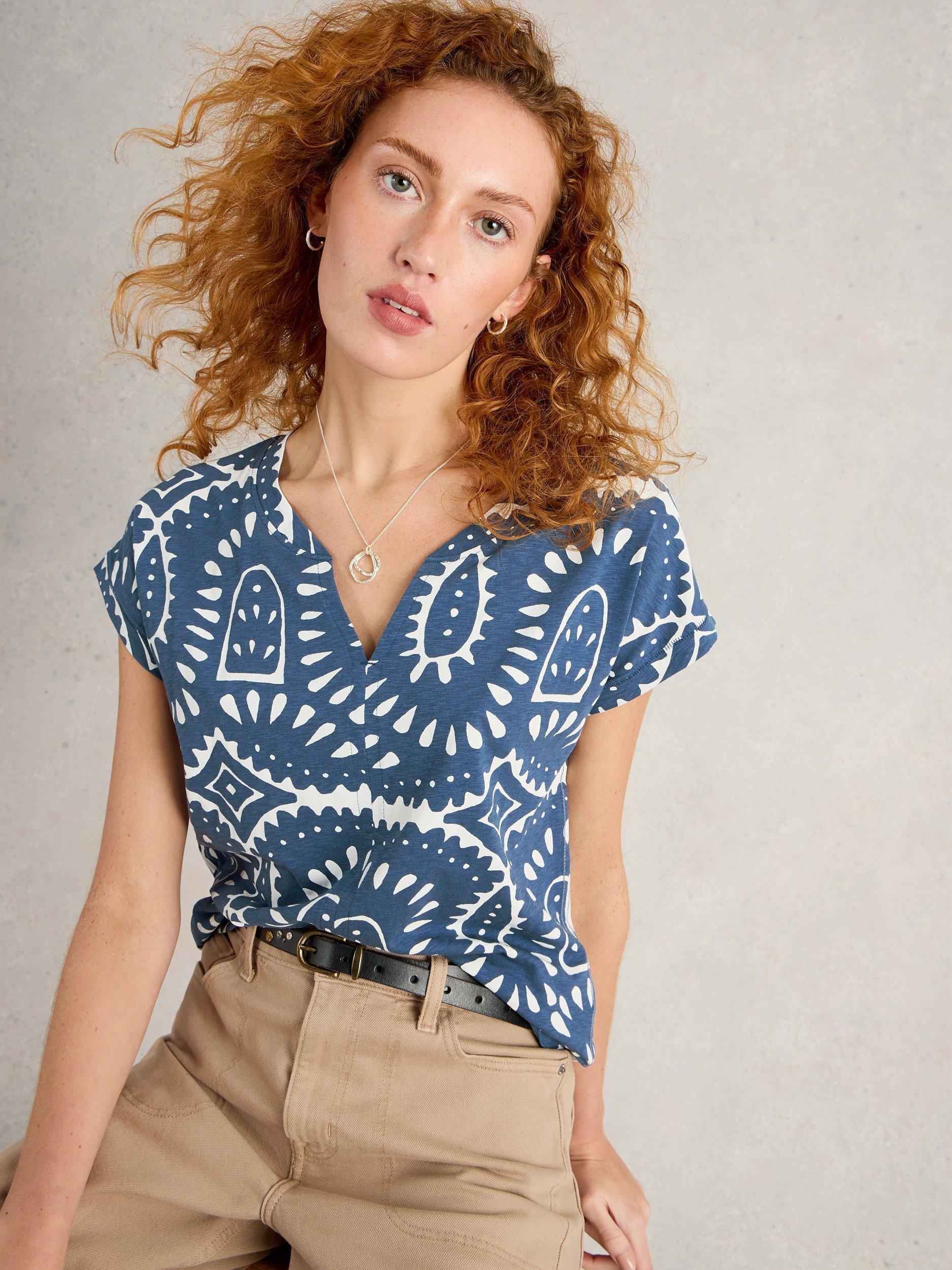 Product image 4 of 6, which shows White Stuff Nelly Cotton Abstract Print T-Shirt, Blue/Multi, 8