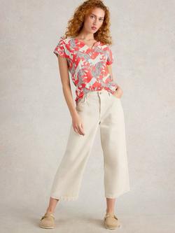 White Stuff Nelly Big Cats Notch Neck T-Shirt, Coral/Multi, Coral/Multi