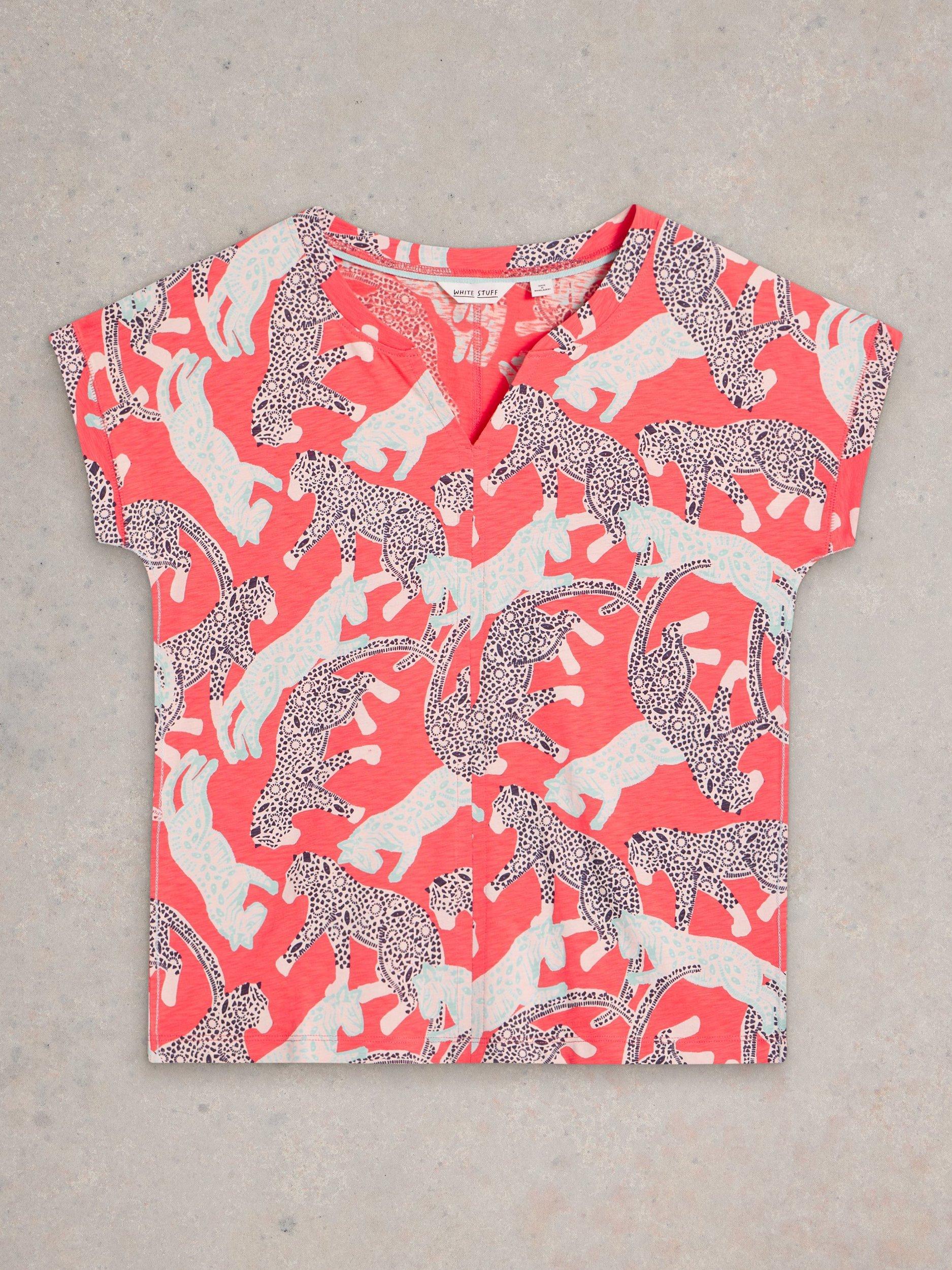 Product image 5 of 6, which shows White Stuff Nelly Big Cats Notch Neck T-Shirt, Coral/Multi, 6