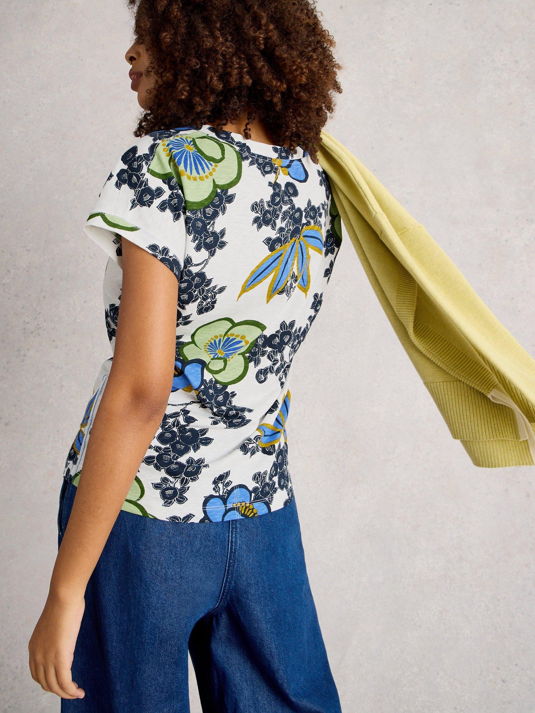Product image 2 of 6, which shows White Stuff Nelly Floral Notch Neck T-Shirt, White/Multi, 6