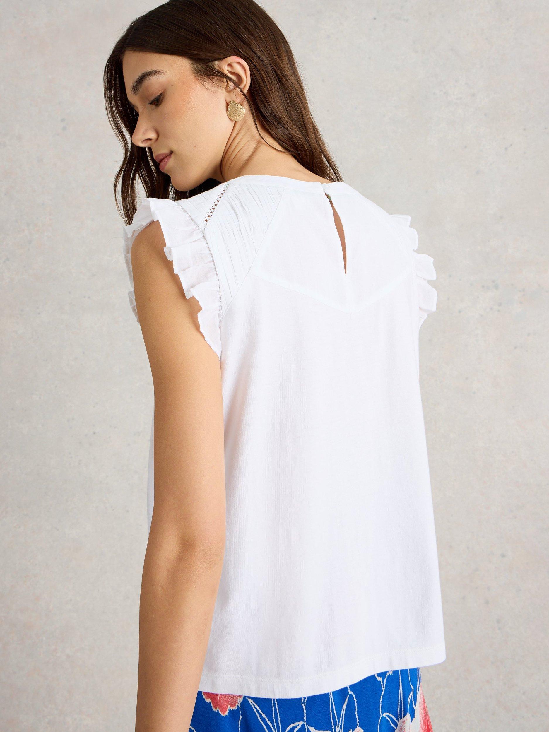 Product image 2 of 6, which shows White Stuff Paige Organic Cotton Rich Frill Top, White, 6