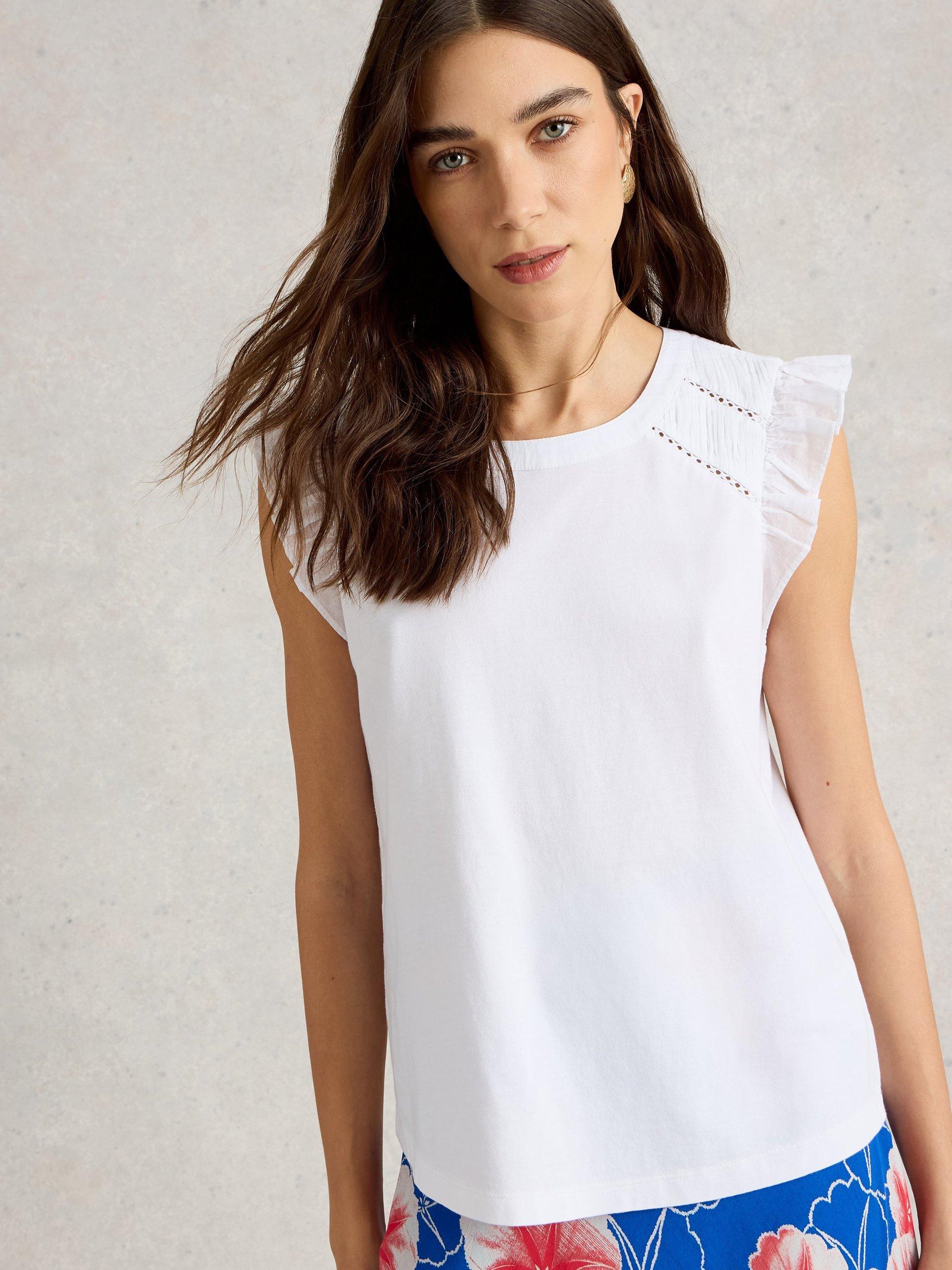 Product image 3 of 6, which shows White Stuff Paige Organic Cotton Rich Frill Top, White, 6