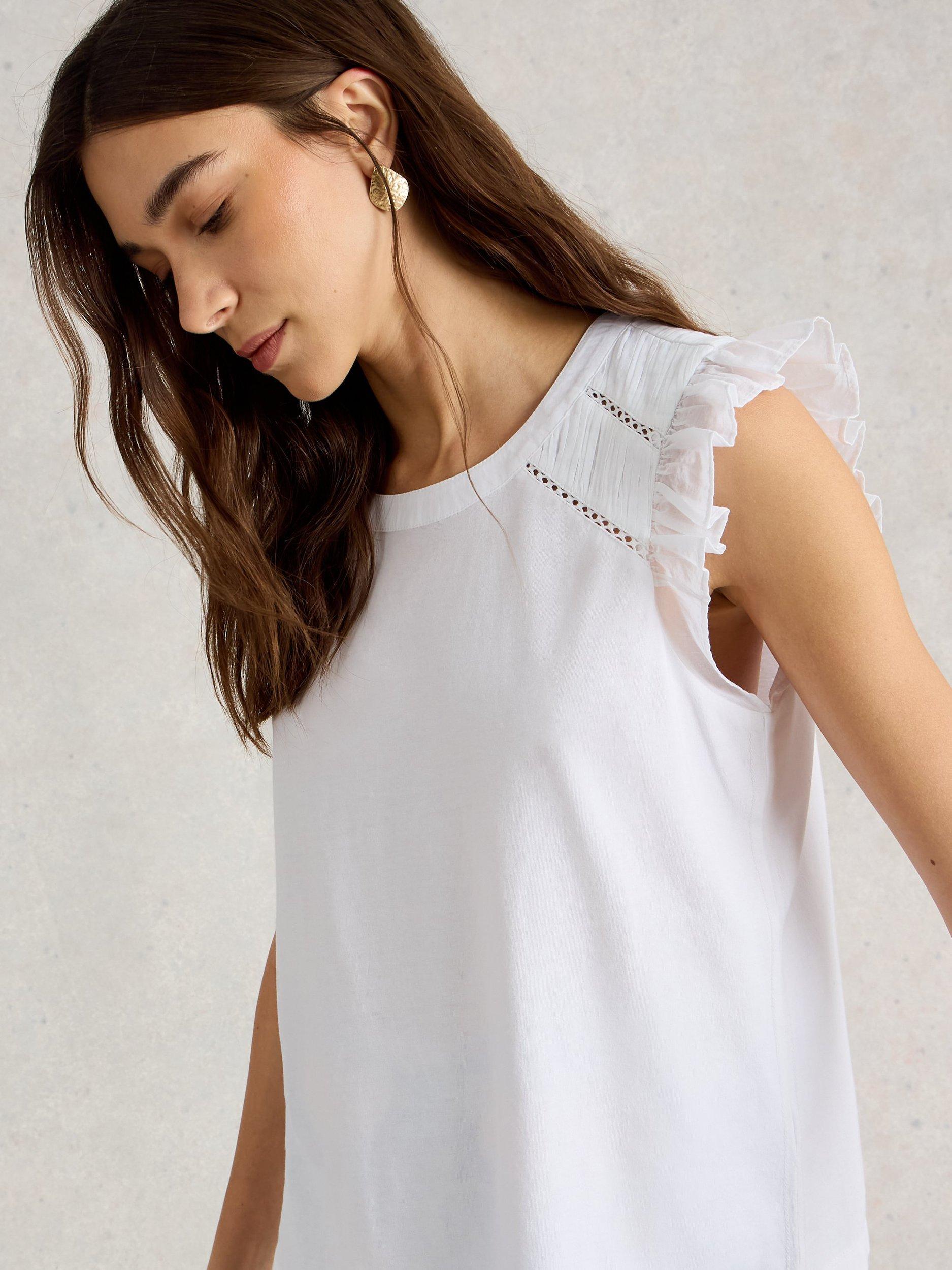 Product image 4 of 6, which shows White Stuff Paige Organic Cotton Rich Frill Top, White, 6