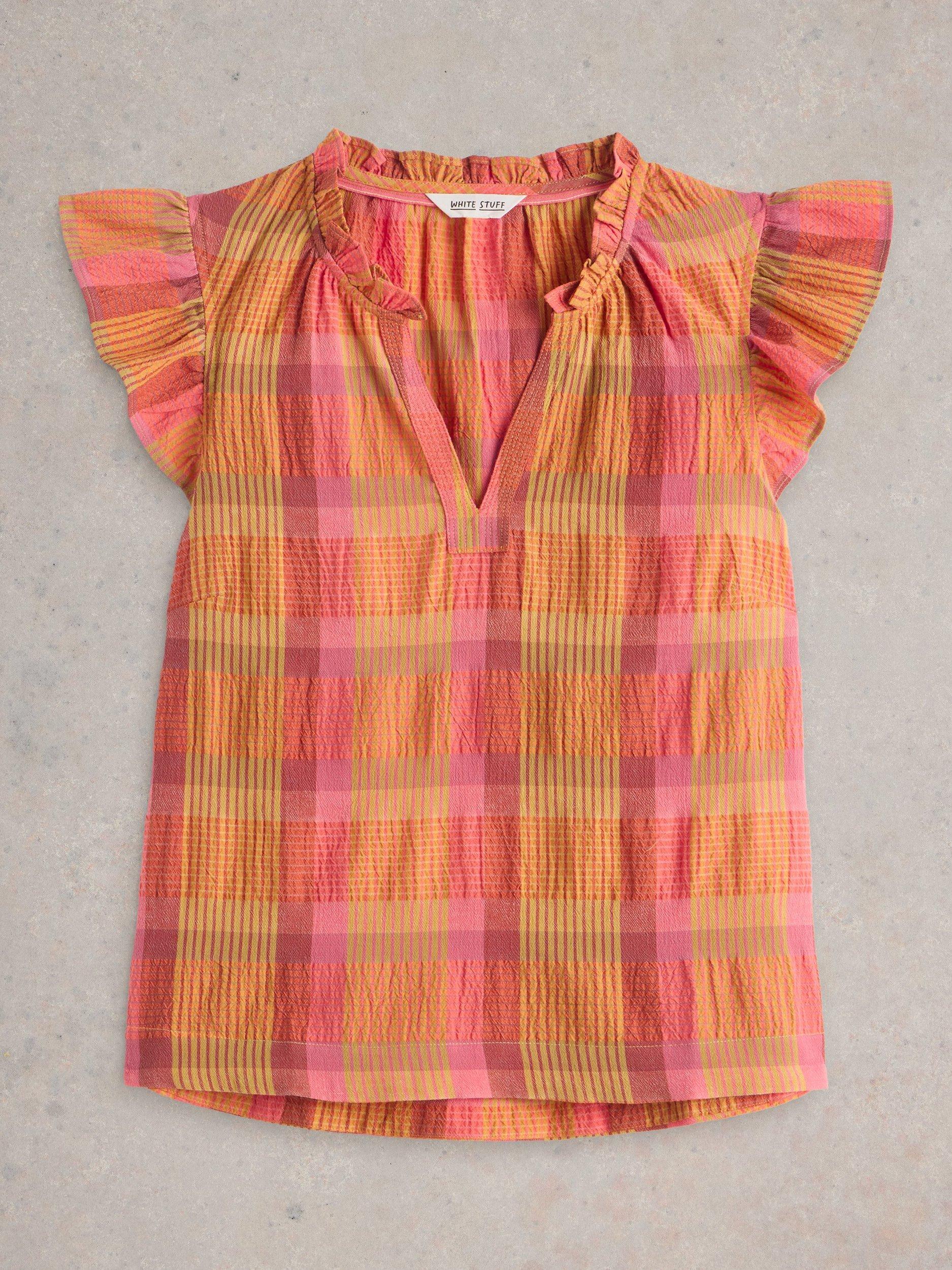 Product image 5 of 6, which shows White Stuff Rosie Check Pure Organic Cotton Frill Top, Pink/Multi, 6