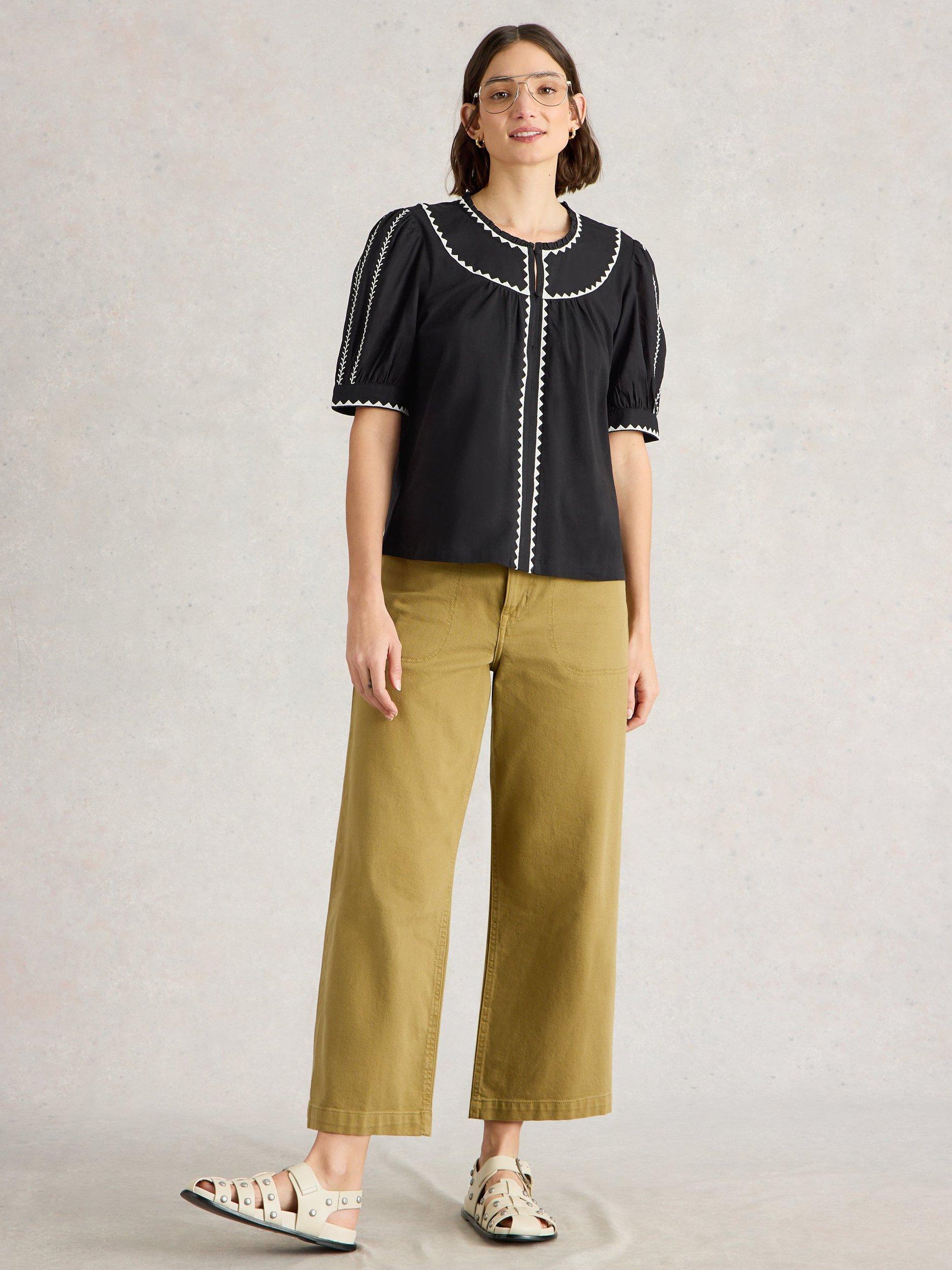 White Stuff Zoe Embroidered Round Neck Top, Pure Black