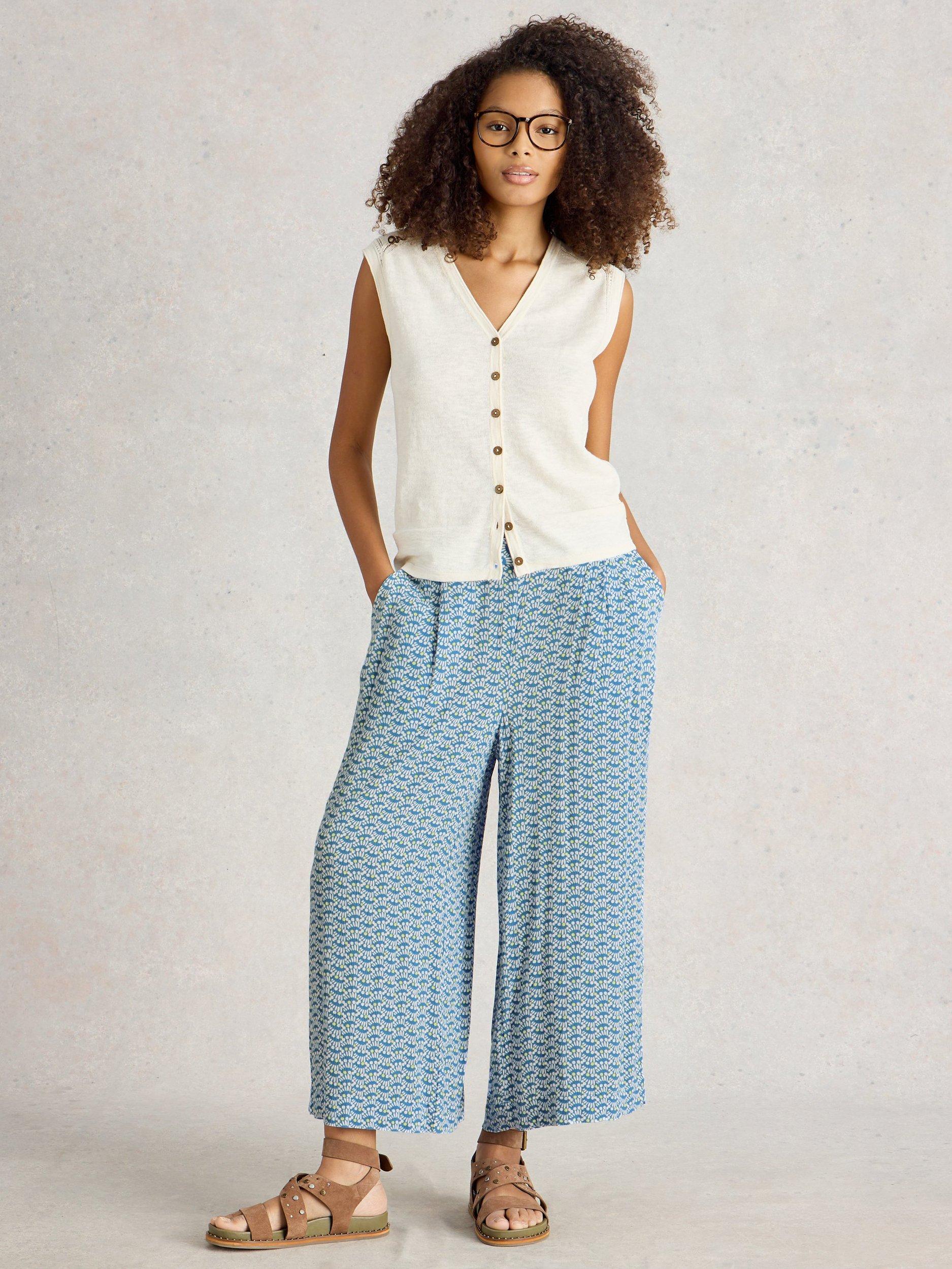 Product image 1 of 6, which shows White Stuff Lisette Culotte Wide Leg Trousers, Blue/Multi, 10