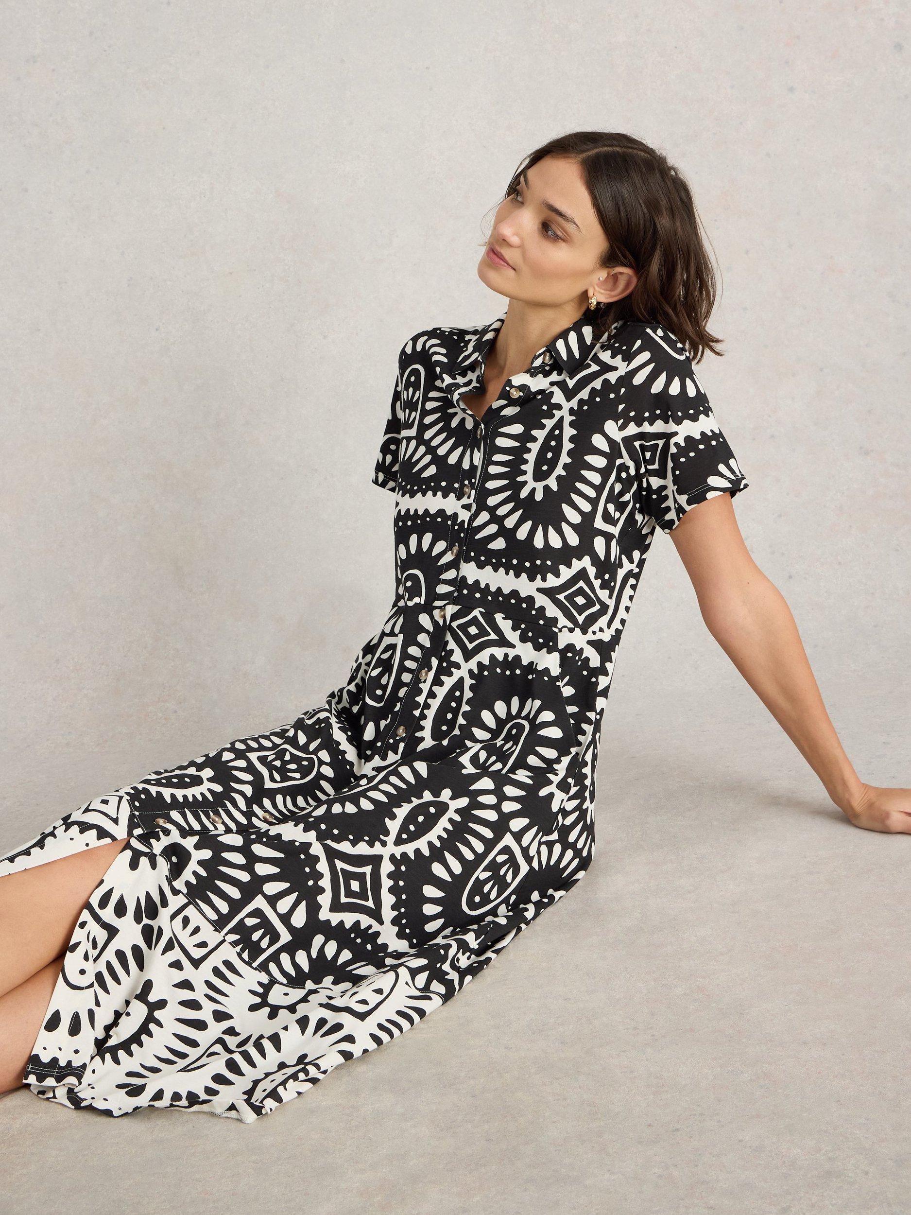 Product image 4 of 6, which shows White Stuff Rua Abstract Organic Cotton Blend Shirt Dress, Black/Multi, 6
