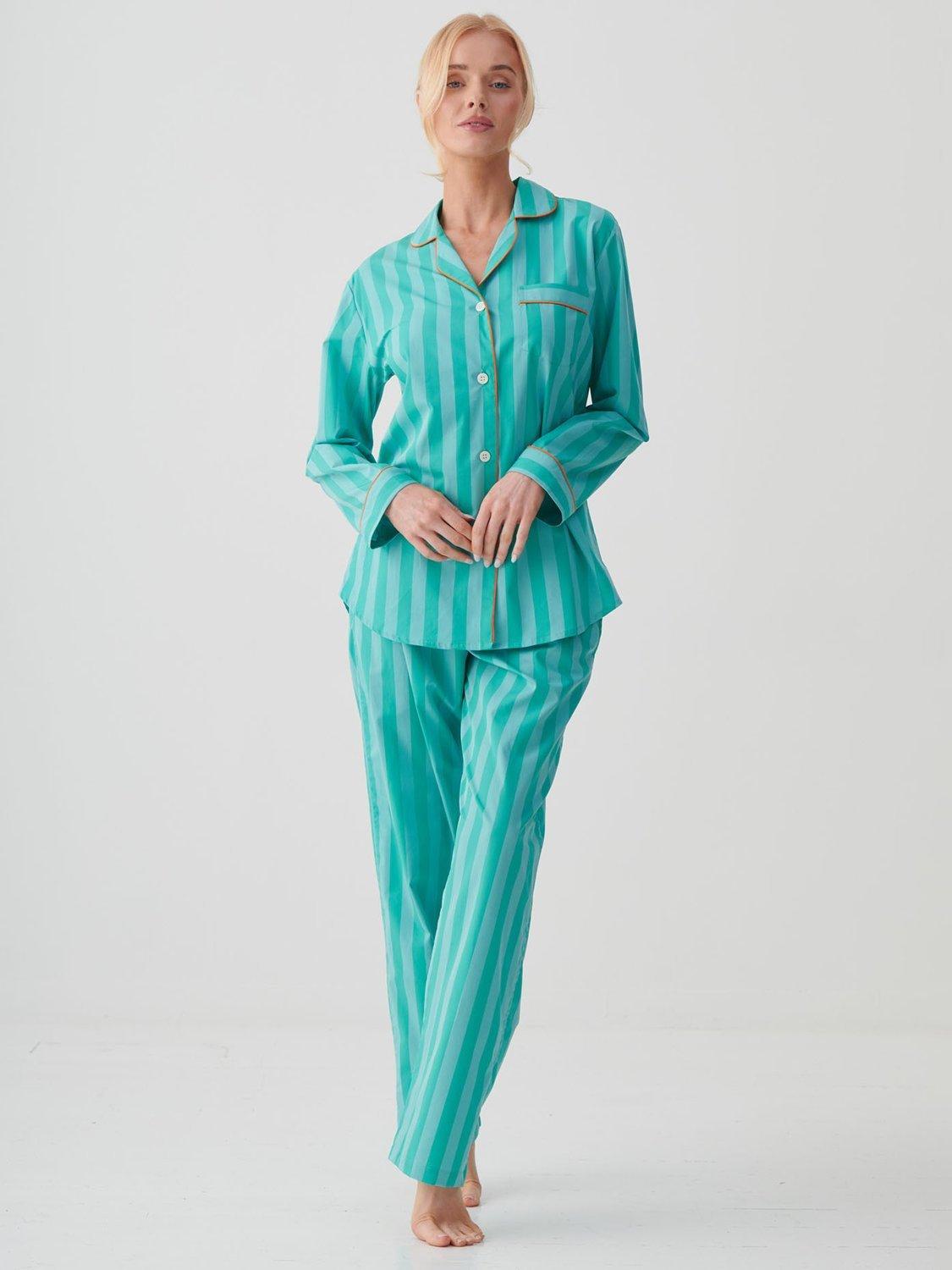 Product image 1 of 4, which shows British Boxers New York Crisp Cotton Long Pyjama Set, Turquoise, XS