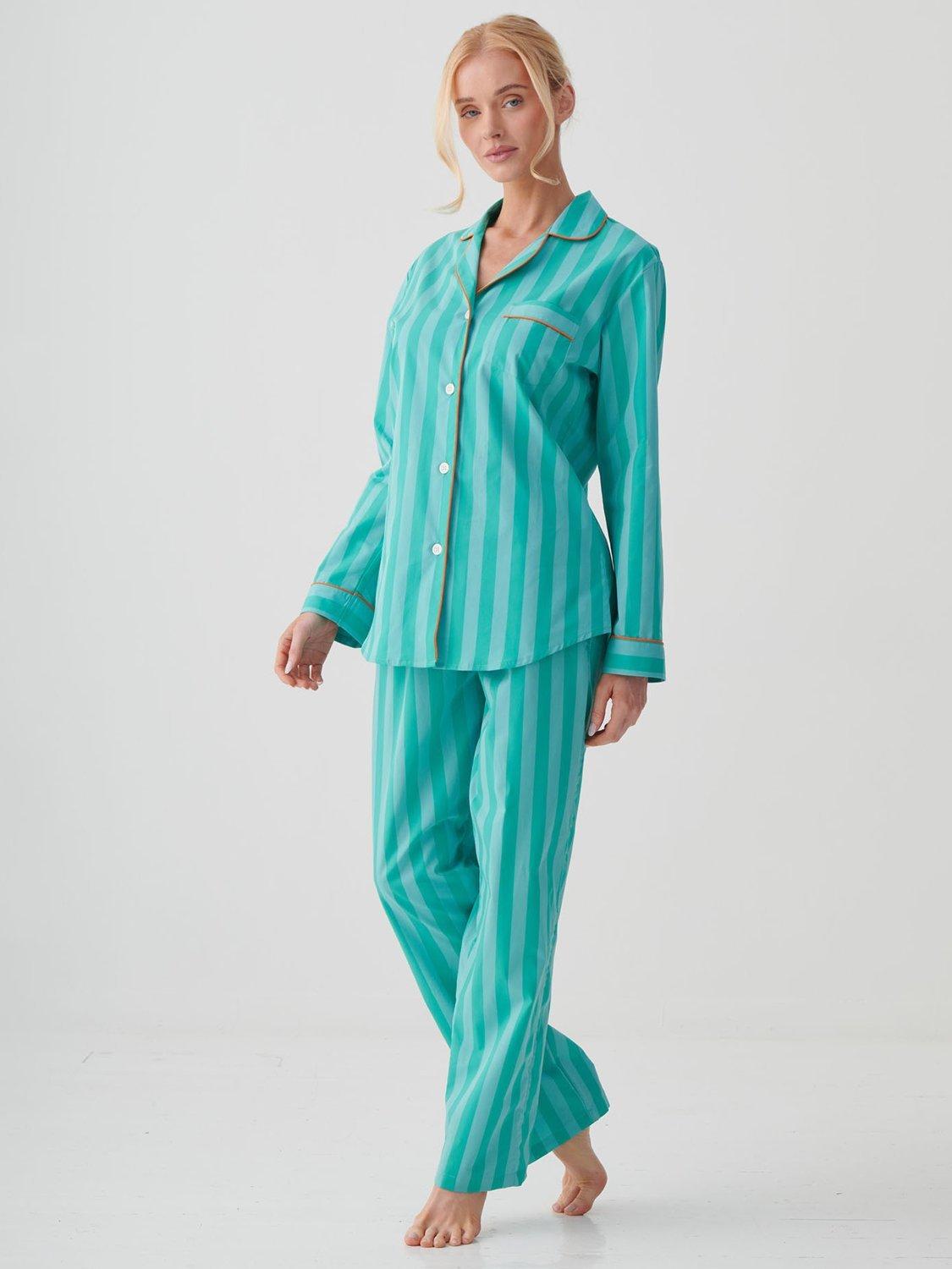 Product image 2 of 4, which shows British Boxers New York Crisp Cotton Long Pyjama Set, Turquoise, XS