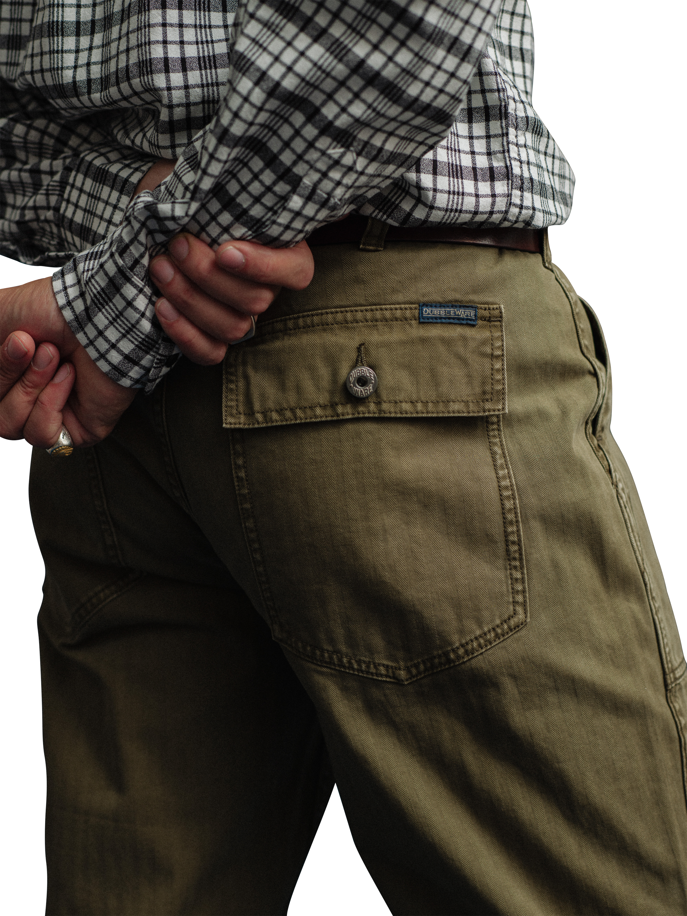 Product image 5 of 6, which shows Dubbleware Fatigue Herringbone Twill Cotton Trousers, Olive, 32R