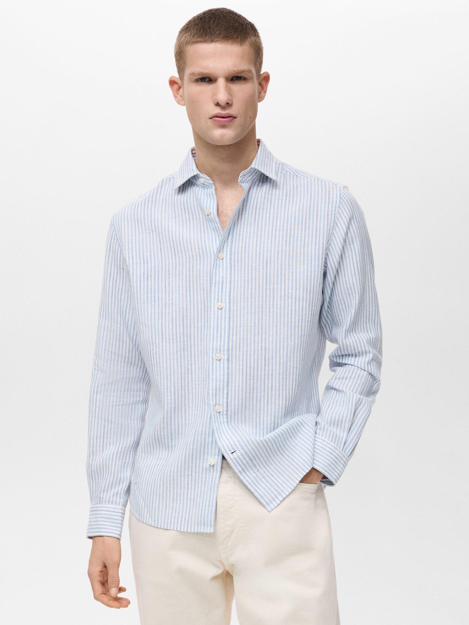 Product image 1 of 8, which shows Mango Emma Stripe Linen Blend Regular Fit Shirt, Pastel Blue, L
