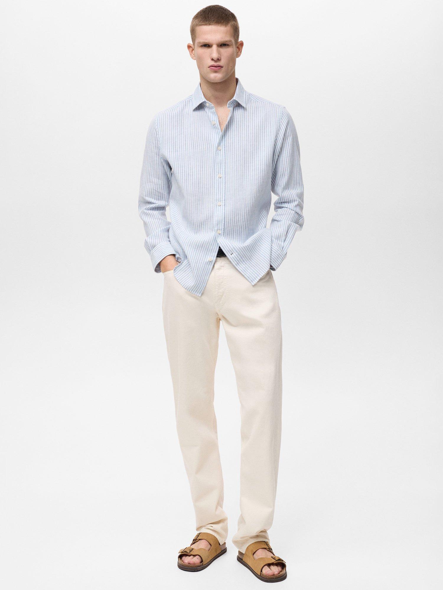 Product image 2 of 8, which shows Mango Emma Stripe Linen Blend Regular Fit Shirt, Pastel Blue, L
