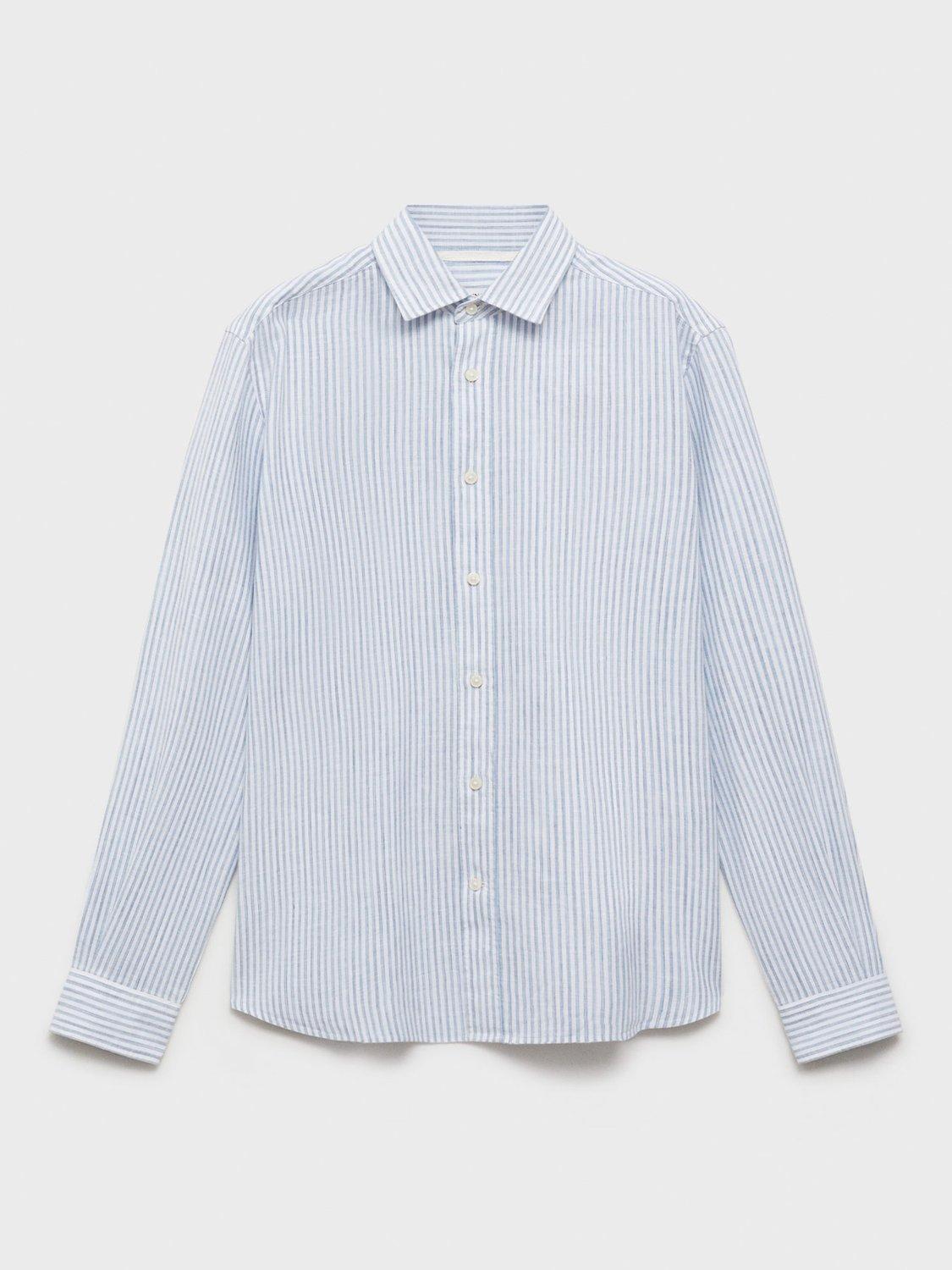 Product image 3 of 8, which shows Mango Emma Stripe Linen Blend Regular Fit Shirt, Pastel Blue, L