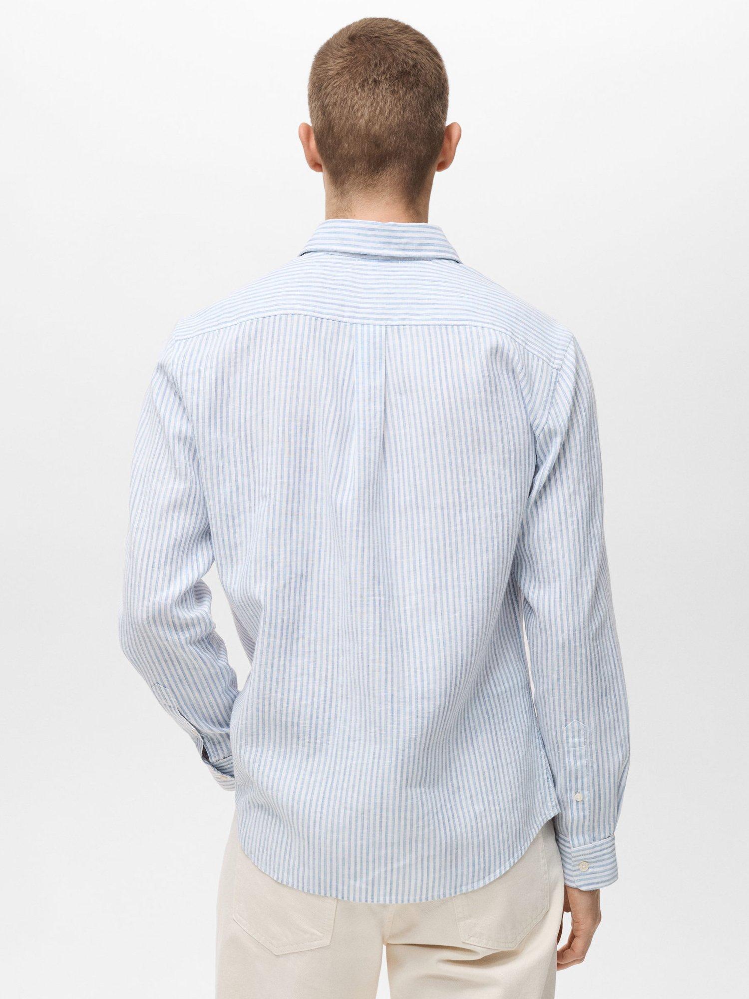 Product image 4 of 8, which shows Mango Emma Stripe Linen Blend Regular Fit Shirt, Pastel Blue, L