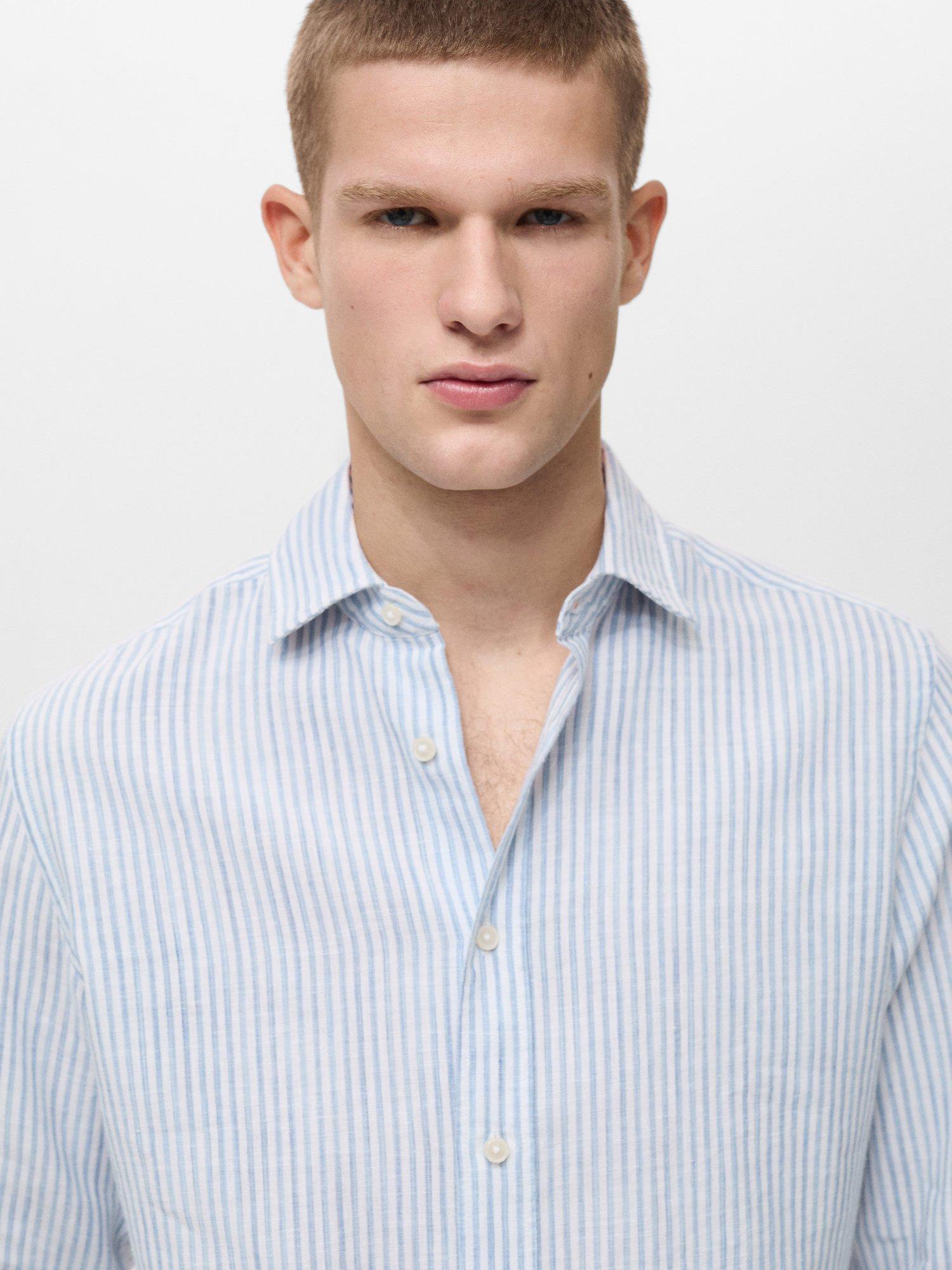 Product image 6 of 8, which shows Mango Emma Stripe Linen Blend Regular Fit Shirt, Pastel Blue, L